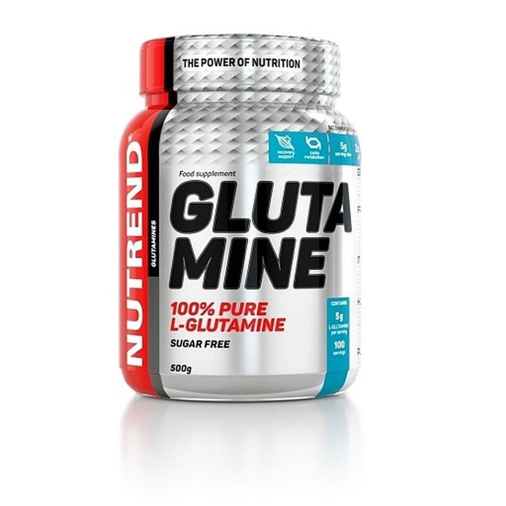 Zylinderförmige Dose mit weißem Etikett. Aufschrift: GLUTA MINE, 100% PURE L-GLUTAMINE, SUGAR FREE. Marke NUTREND. Roter Deckel.