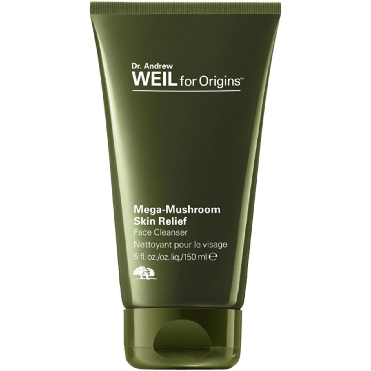 Grüne Tube mit Produktnamen und Schriftzug. "Dr. Andrew Weil for Origins" und "Mega-Mushroom Skin Relief Face Cleanser" sind sichtbar.