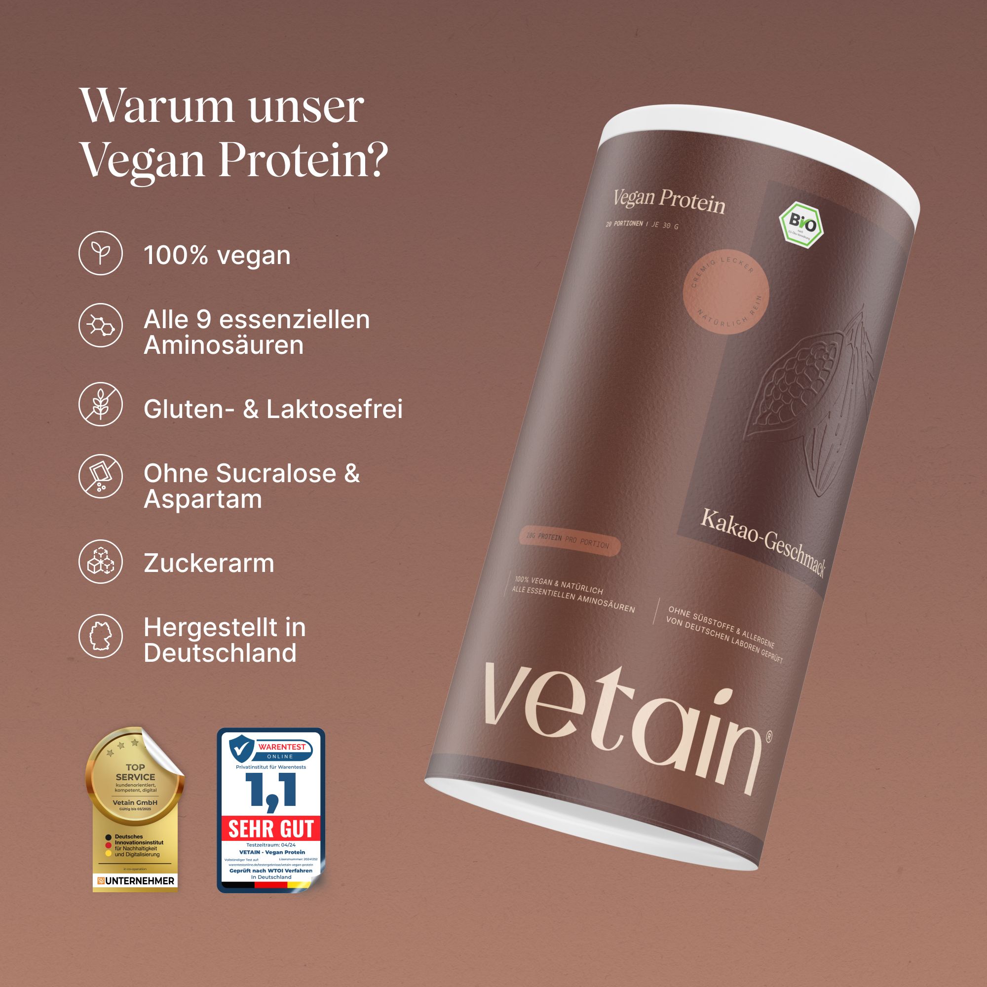 Dose Vegan Protein, Kakao-Geschmack, Bio-Siegel. Text: 100% vegan, alle essentiellen Aminosäuren, glutenfrei.