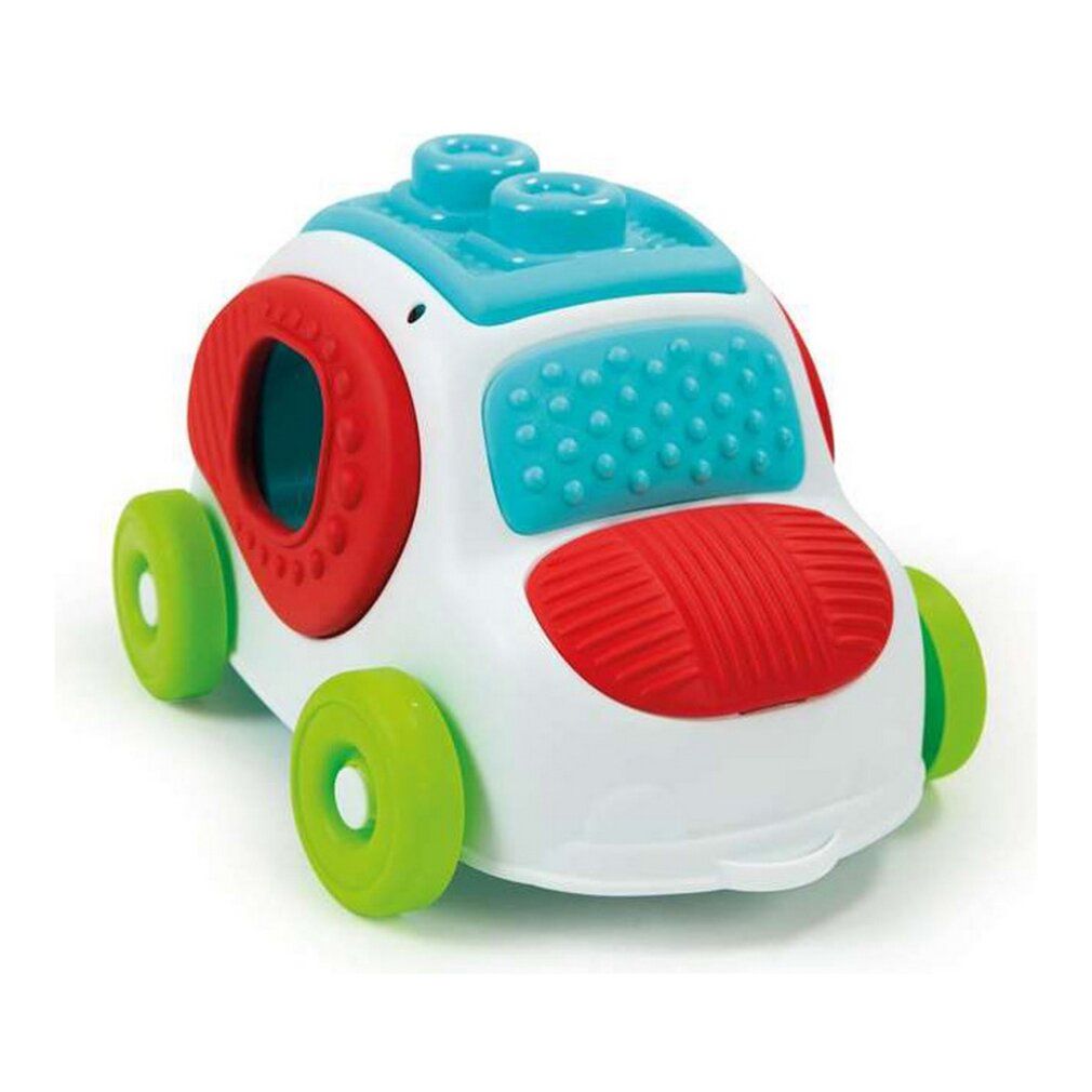 Weißes Spielzeugauto mit bunten Elementen und weichen Blöcken. Rote und blaue Details.