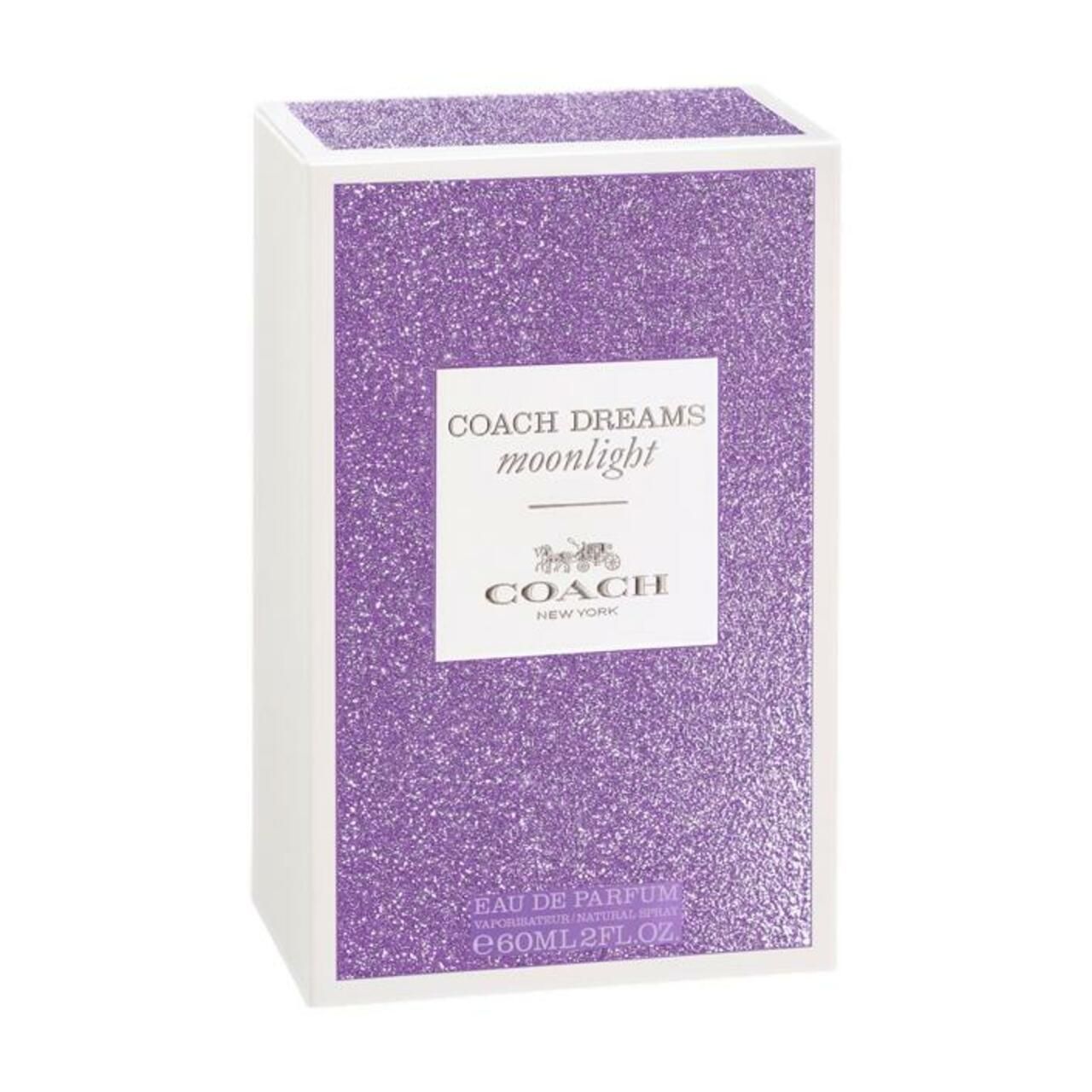 Coach Dreams Moonlight Eau De Parfum Spray-Verpackung. Rechteckige Box mit glitzerndem lila Muster. Aufschrift: COACH DREAMS moonlight.