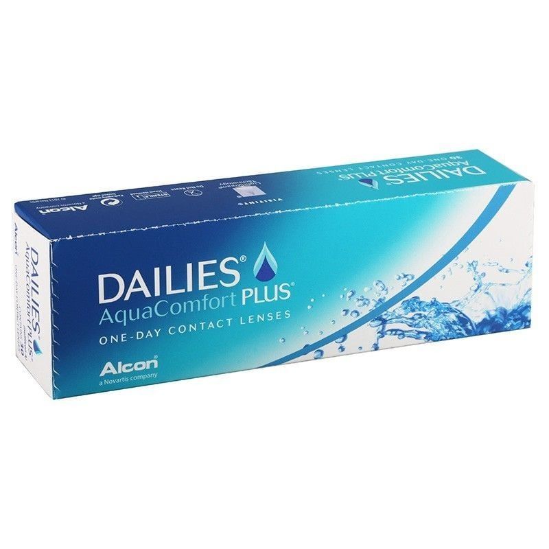 Verpackung von Dailies AquaComfort PLUS Kontaktlinsen. Blaue Schachtel mit Produktnamen und Logo. Alcon-Logo.