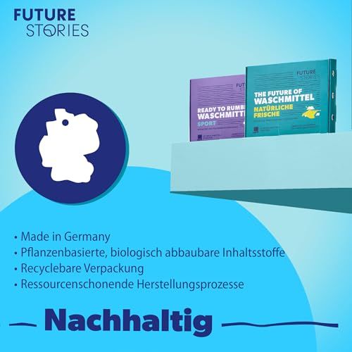 Box mit Waschmittelstreifen. Text: Made in Germany, nachhaltig. Logo: Deutschlandumriss. Hintergrund: blau.