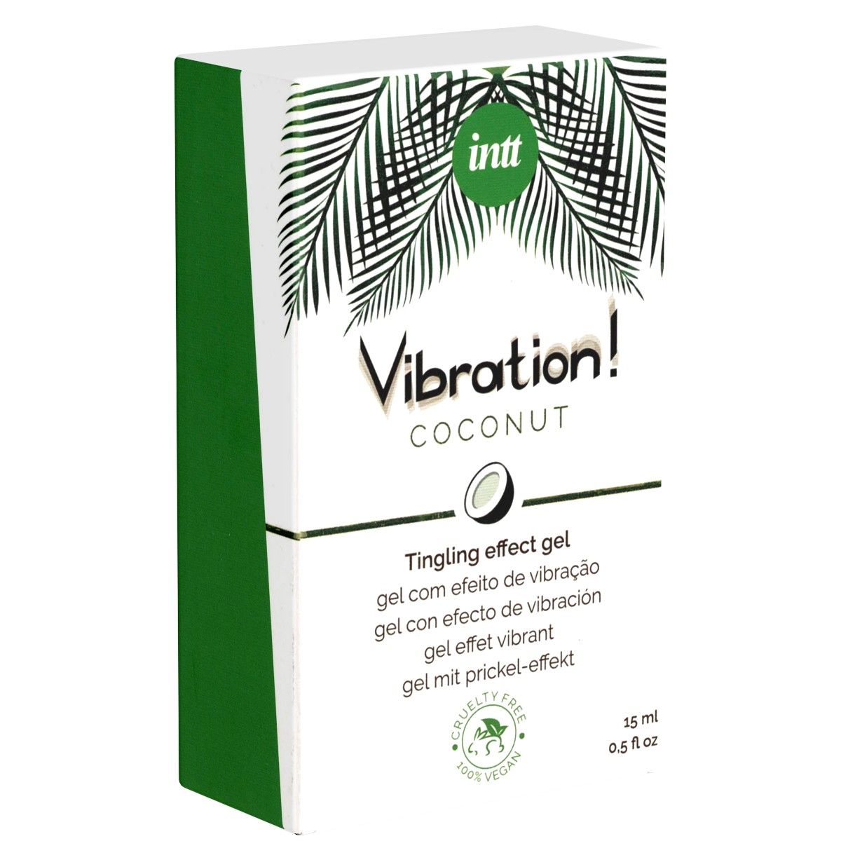 Produktverpackung. Aufschrift: Vibration! Coconut, Tingling effect gel. Grün-weiße Verpackung mit Kokosnuss-Symbol. Text in mehreren Sprachen.