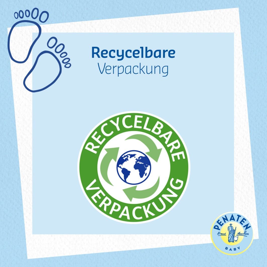 Blauer Hintergrund mit Tropfensymbol und Häkchen. Text: Hautverträglichkeit dermatologisch bestätigt. PENATEN Baby Logo.