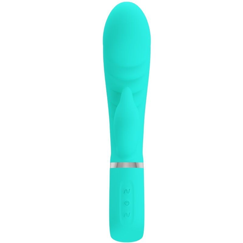 Türkisfarbener Vibrator mit länglicher Form und abgerundeter Spitze. Mit einem kleineren, hervorstehenden Teil.