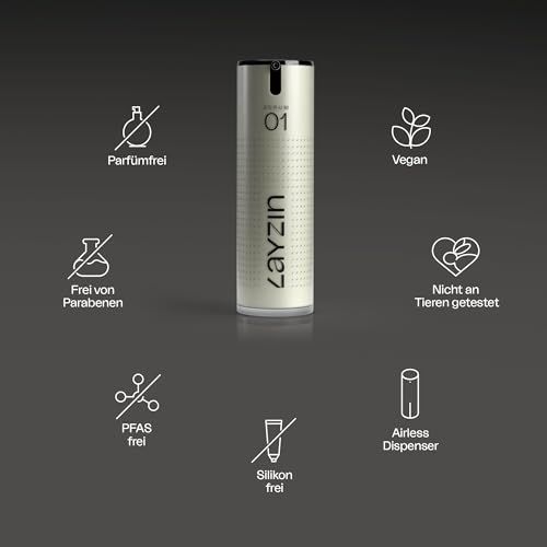 Serum 01 Flasche mit Symbolen. Text: Parfumfrei, vegan, frei von Parabenen, nicht an Tieren getestet, PFAS-frei, silikonfrei.
