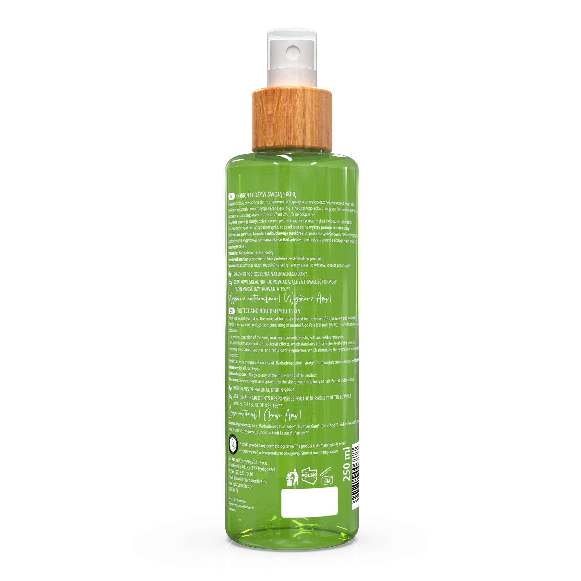 Rückseite einer grünen Sprühflasche mit Holzdeckel. Text in mehreren Sprachen. Unten: 250 ml. Mit Zertifizierungen und Logos.