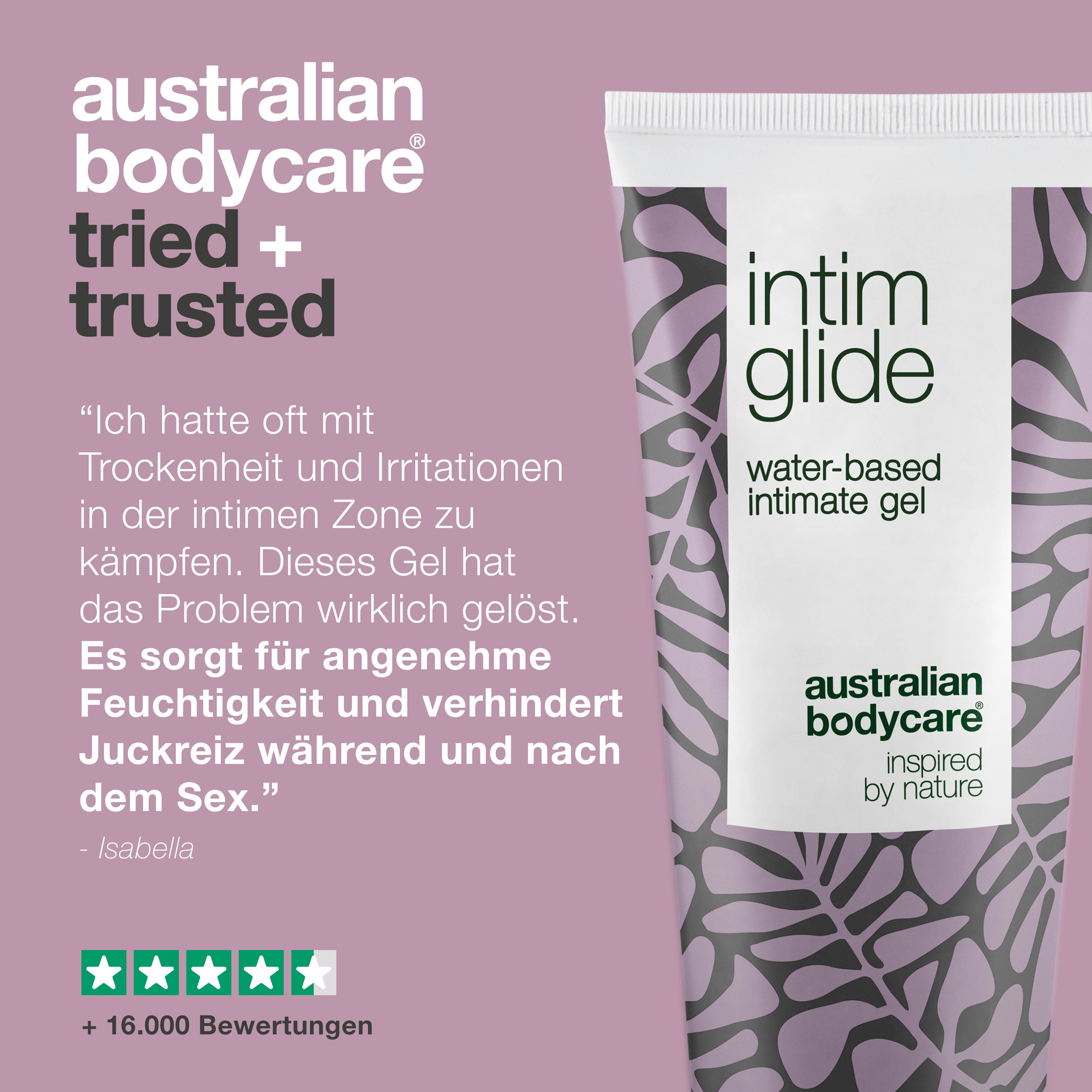 Australian Bodycare. Erfahrungsbericht. Intim-Gleitgel. Wasserbasiert. Marke: Australian Bodycare. Lila Hintergrund.