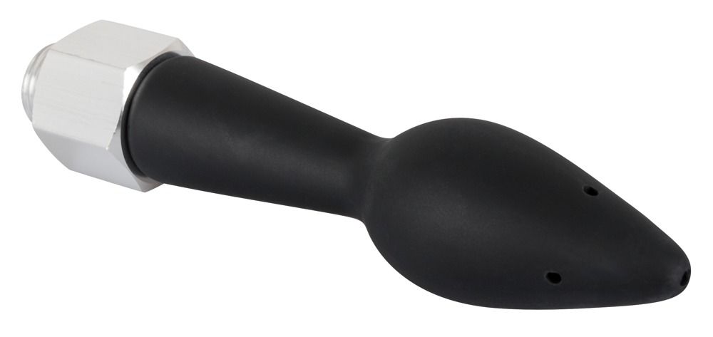 Schwarzer Analplug mit 5 Löchern. Mit Gewindeanschluss und silberfarbenem Metallteil.