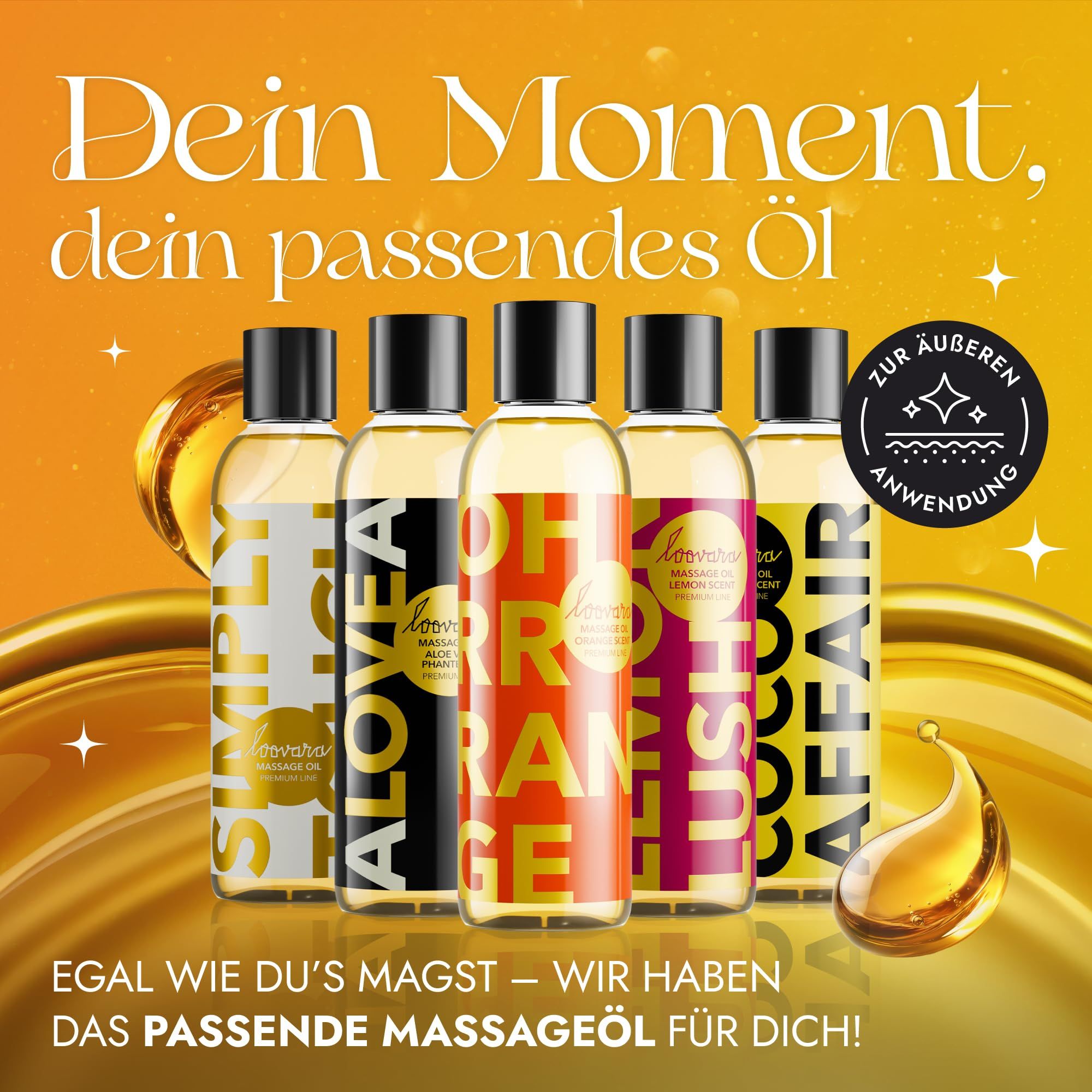 Fünf Flaschen Massageöl mit verschiedenen Düften und Farben.