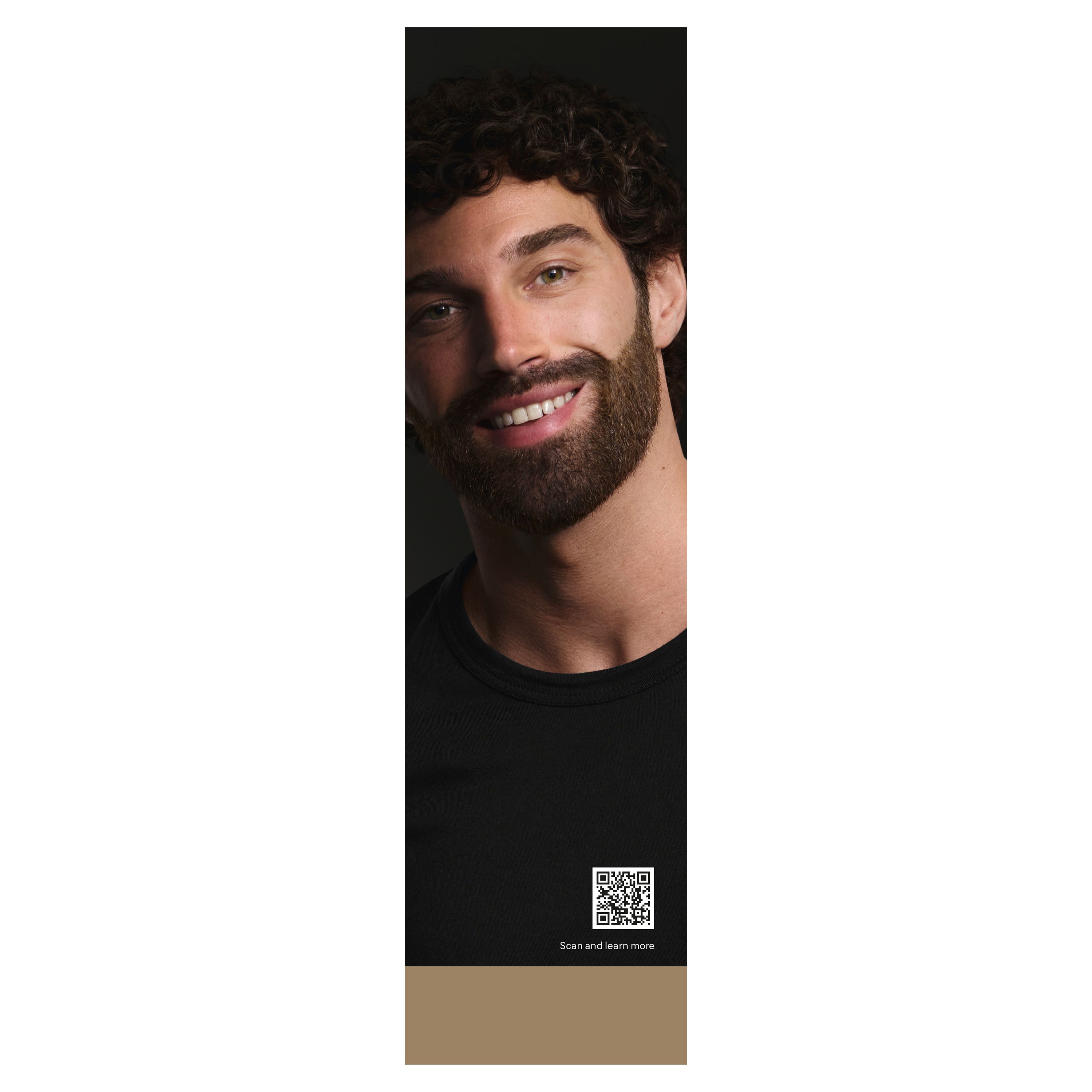 Verpackung mit Mann und Bart. QR-Code zum Scannen. Hintergrund: Schwarz und Braun. Produktinformationen.