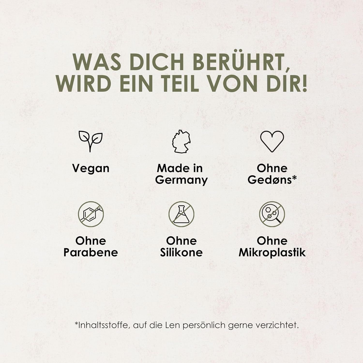 Icons: Vegan, Made in Germany, Ohne Gedøns, Ohne Parabene, Ohne Silikone, Ohne Mikroplastik.