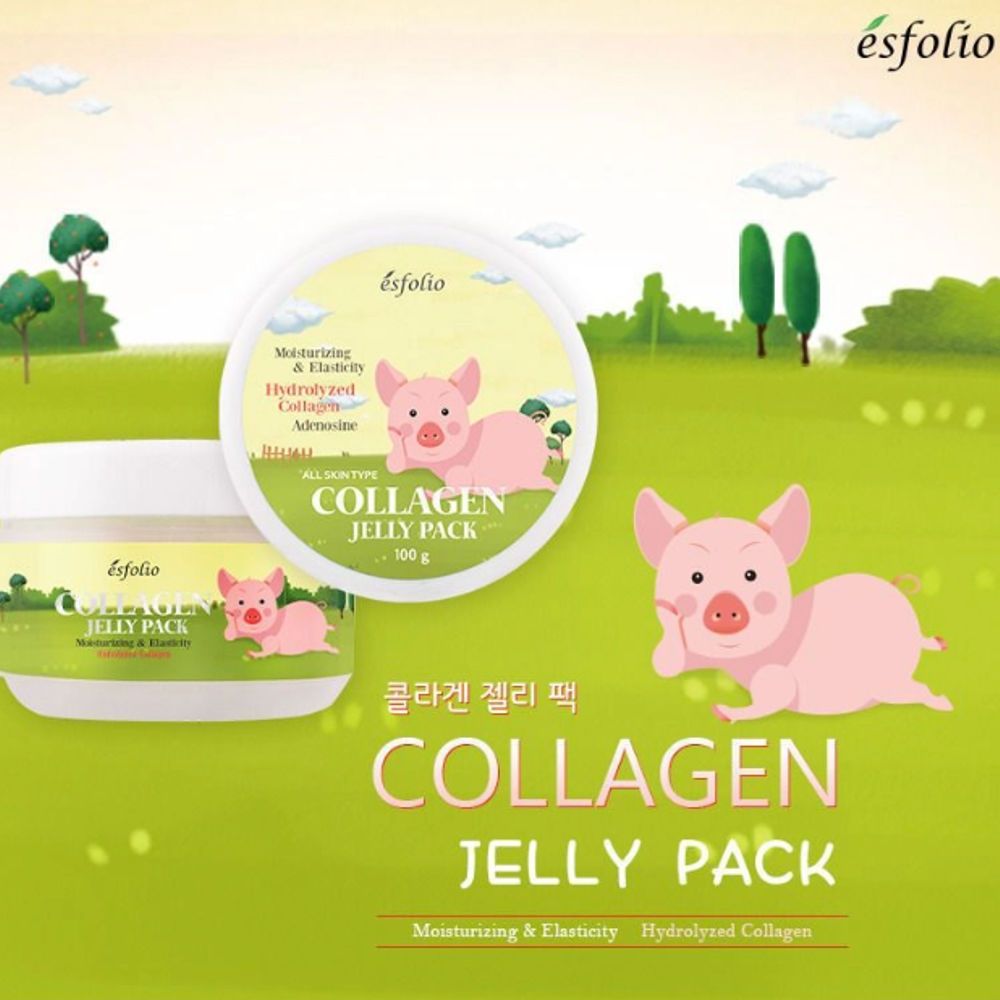 Produktverpackung und Abbildung eines Schweinchens. Aufschrift: Collagen Jelly Pack. Text: Moisturizing & Elasticity, Hydrolyzed Collagen. Grün-weißer Hintergrund.