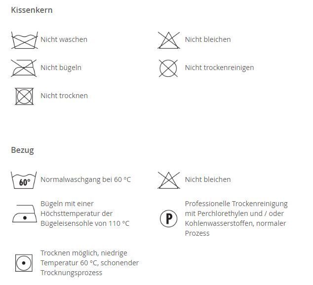 Pflegeetikett mit Wasch-, Bügel- und Trocknungssymbolen. Text in Deutsch.