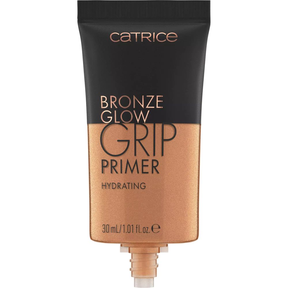 Bronze Glow Grip Primer Tube. Schwarze Tube mit bronzefarbener Flüssigkeit. Schriftzug: Catrice, Bronze Glow, Grip Primer, Hydrating. Mit Dosieröffnung.