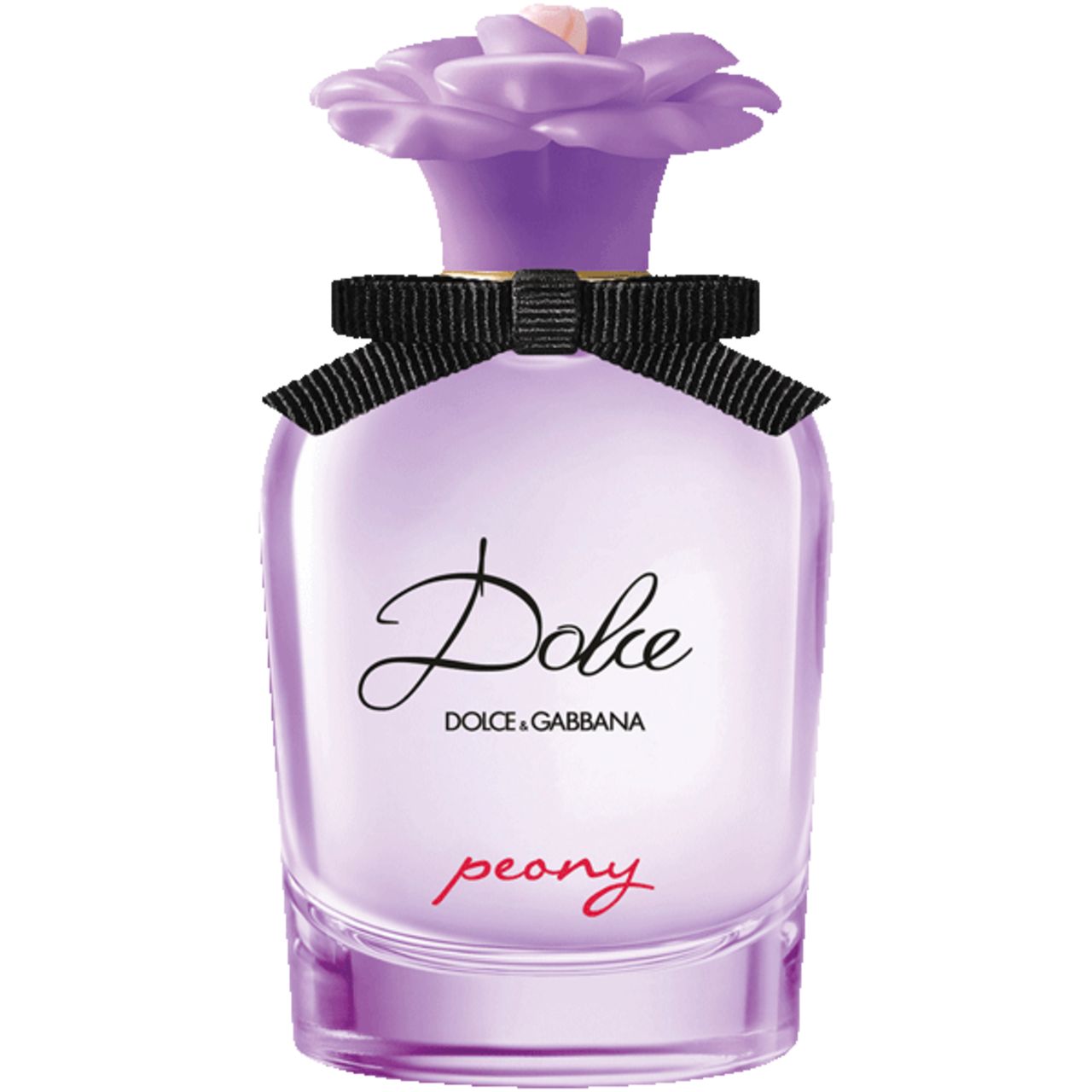 Parfümflakon Dolce & Gabbana Dolce Peony. Flakon mit lila Blütenverschluss und schwarzer Schleife. Schriftzug "Dolce" und "peony".