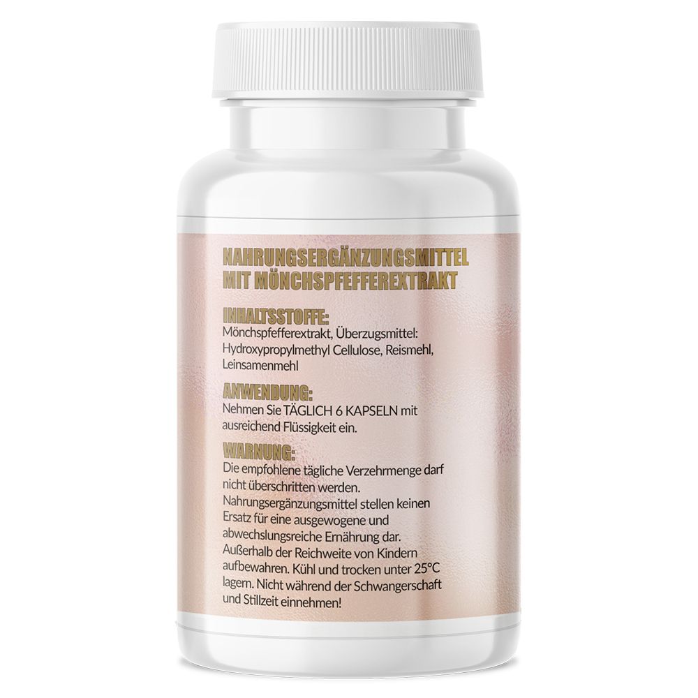 Rückseite der Kapsel-Dose. Text: Nahrungsergänzungsmittel mit Mönchspfefferextrakt. Inhaltsstoffe, Anwendung, Warnhinweise.