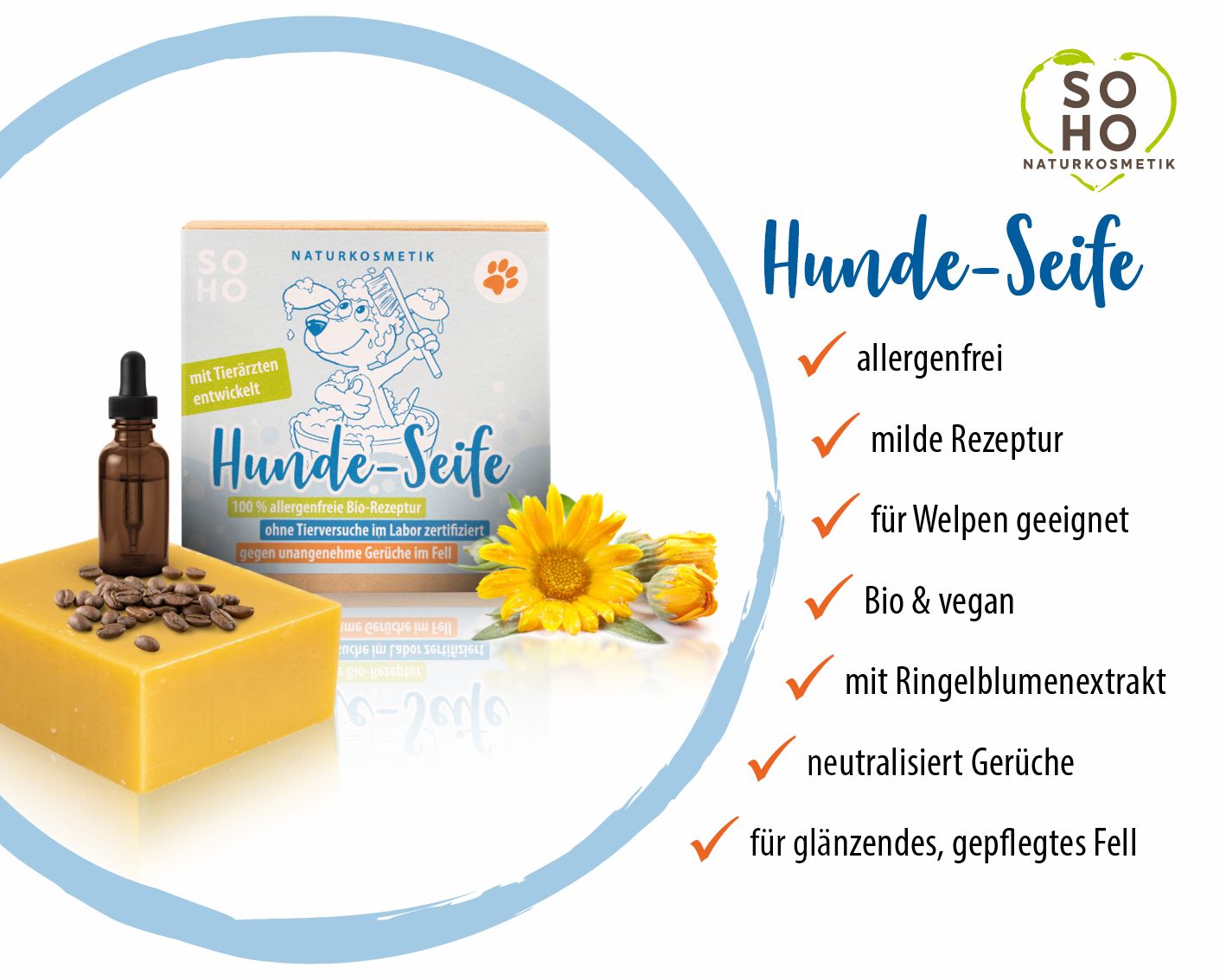 Seife mit Tropfflasche, Kaffeebohnen und Blume. Verpackung mit Produktname und Logo. Text: allergenfrei, mild, für Welpen, Bio & vegan.