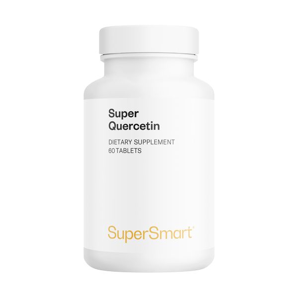 Weiße Flasche mit Super-Quercetin-Tabletten. Etikett mit Produktnamen, Inhaltsangabe und Herstellerlogo SuperSmart.