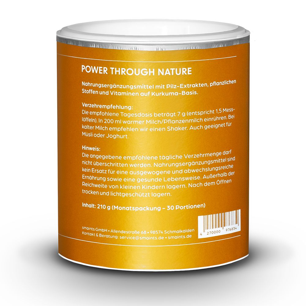 Dose mit Text: POWER THROUGH NATURE. Nahrungsergänzungsmittel mit Pflanzenextrakten und Vitaminen auf Kurkuma-Basis. 210g (Monatspackung - 30 Portionen).