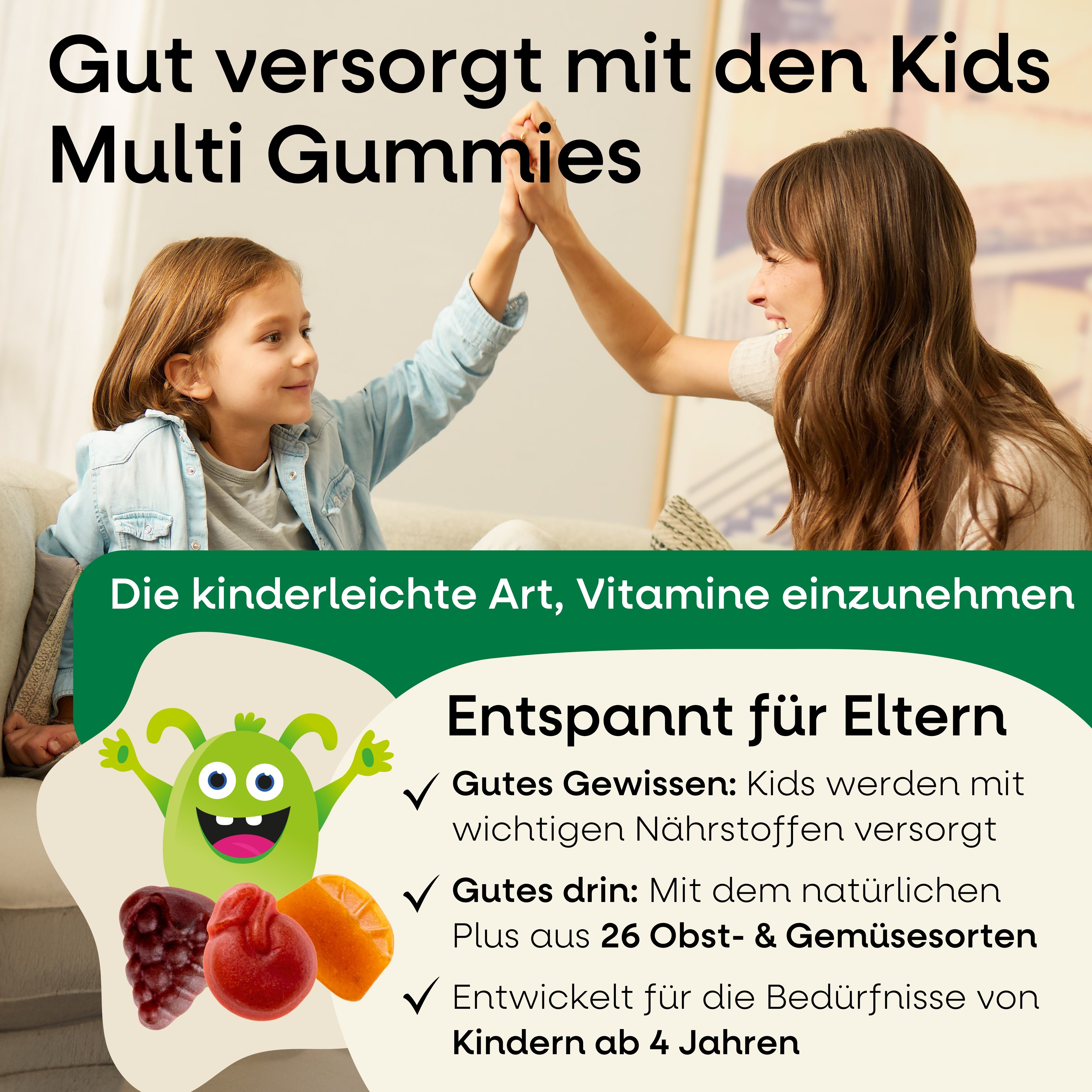 Eine Mutter und ein Kind geben sich High Five. Text: Gut versorgt mit den Kids Multi Gummies. Die kinderleichte Art, Vitamine einzunehmen.