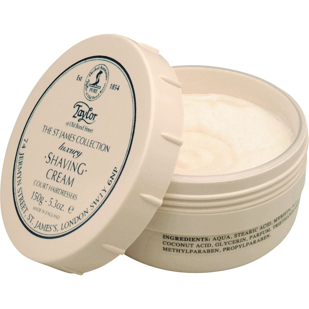 Taylor of Old Bond Street Rasiercreme in einer Schale. Luxuriöse Rasiercreme mit Etikett.