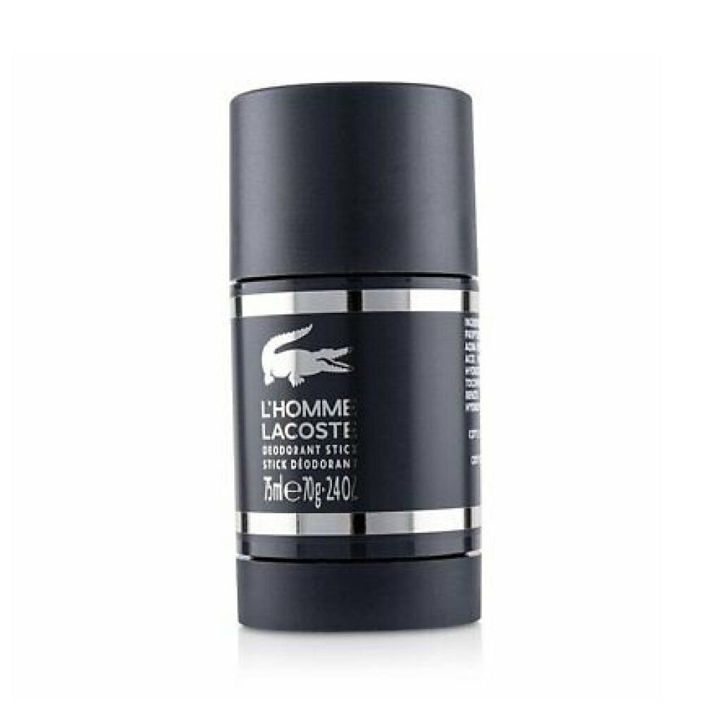 Schwarzer Deo-Stick mit silbernen Ringen. Logo und Schriftzug 'L'HOMME LACOSTE'. Volumen: 75ml.