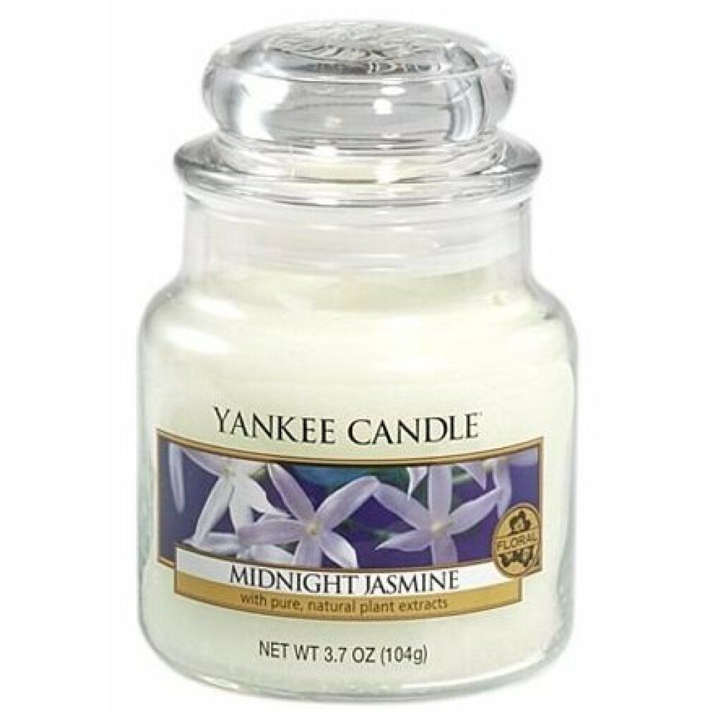 Yankee Candle Duftkerze Midnight Jasmine im kleinen Glas. Mit Deckel. Aufkleber mit Blumenmotiv und Produktbezeichnung. Qualitätsauszeichnung.