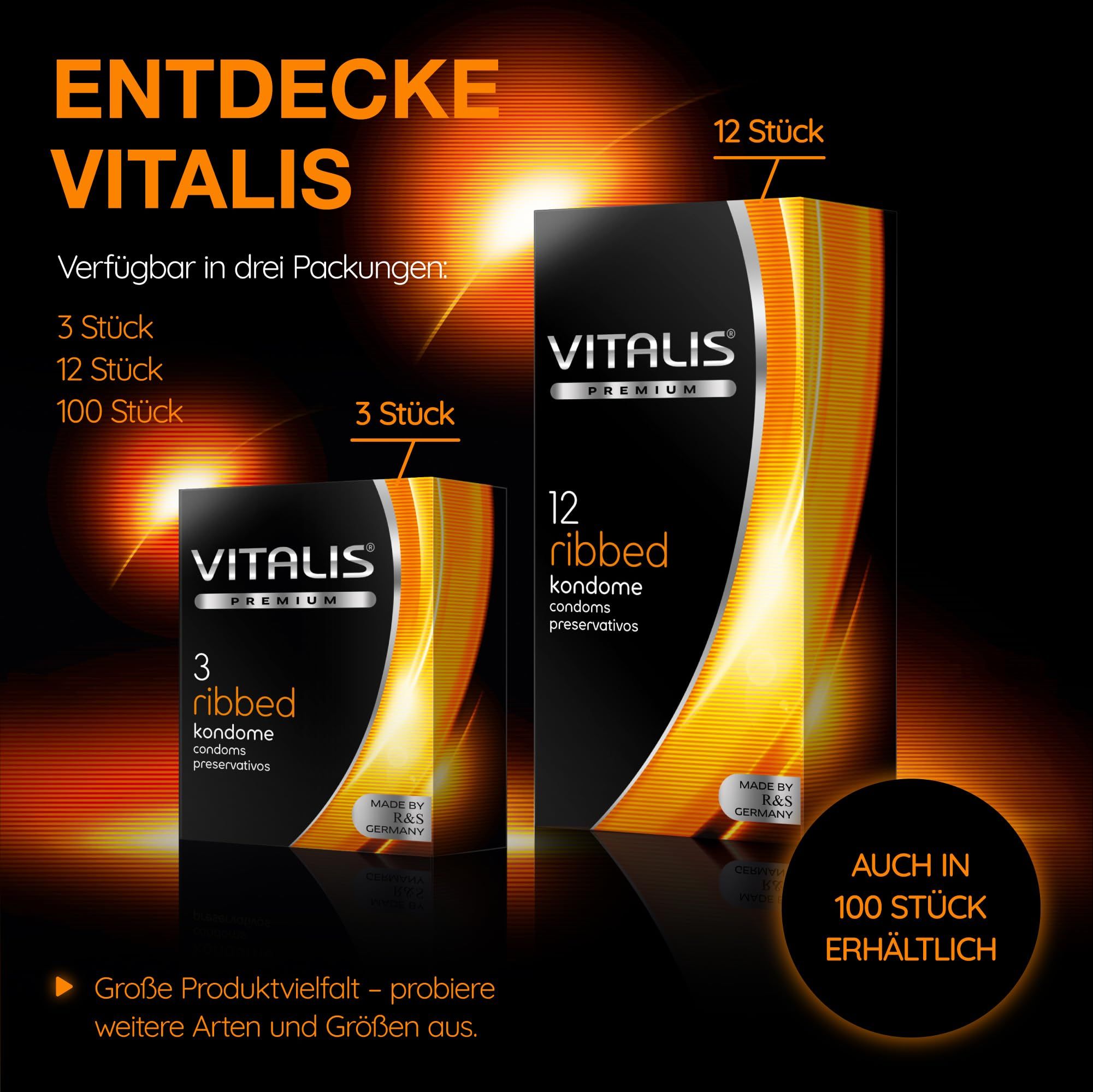 Vitalis Kondome erhältlich in 3, 12 und 100 Stück Packungen.