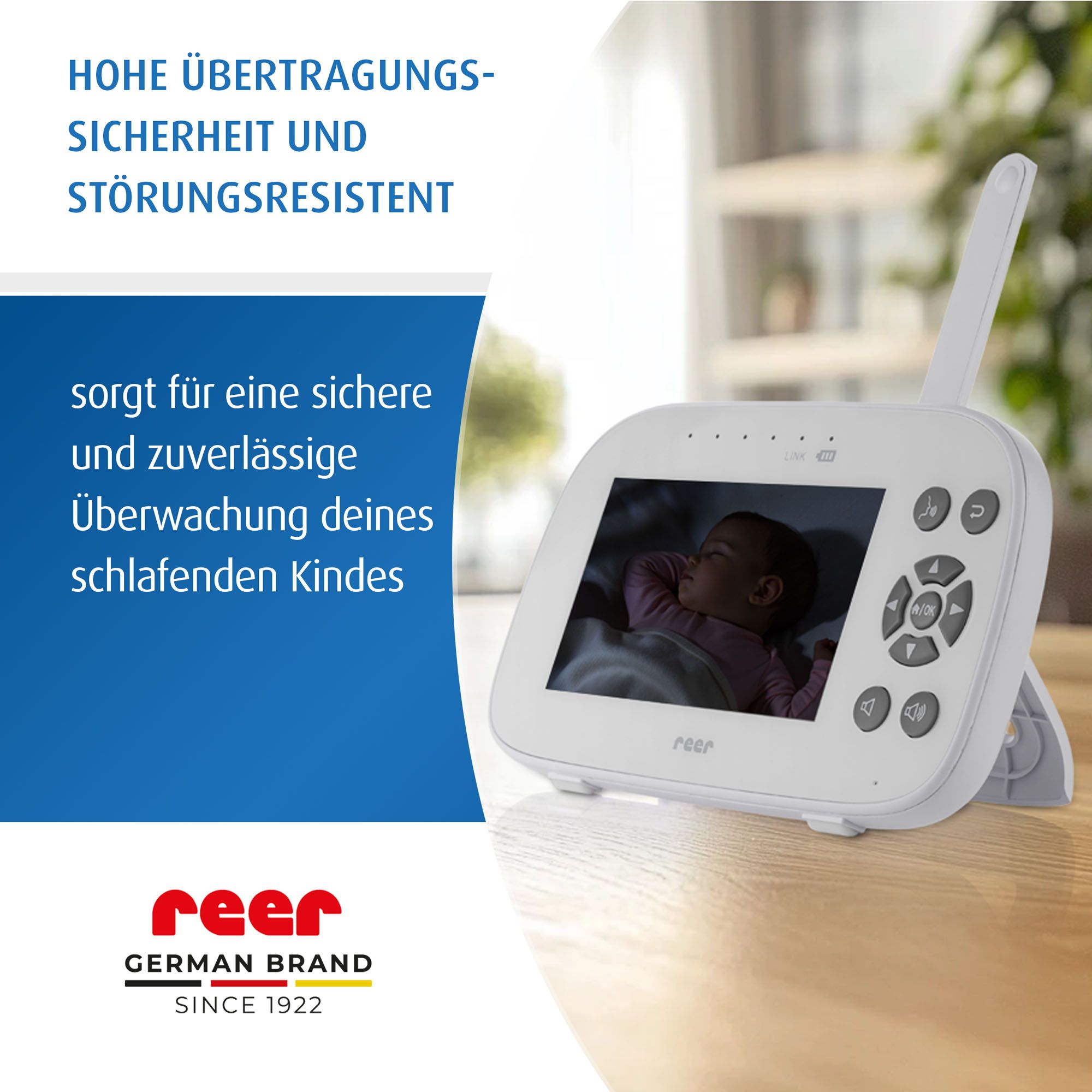 Babyphone-Monitor zeigt schlafendes Baby. "reer German Brand Since 1922".