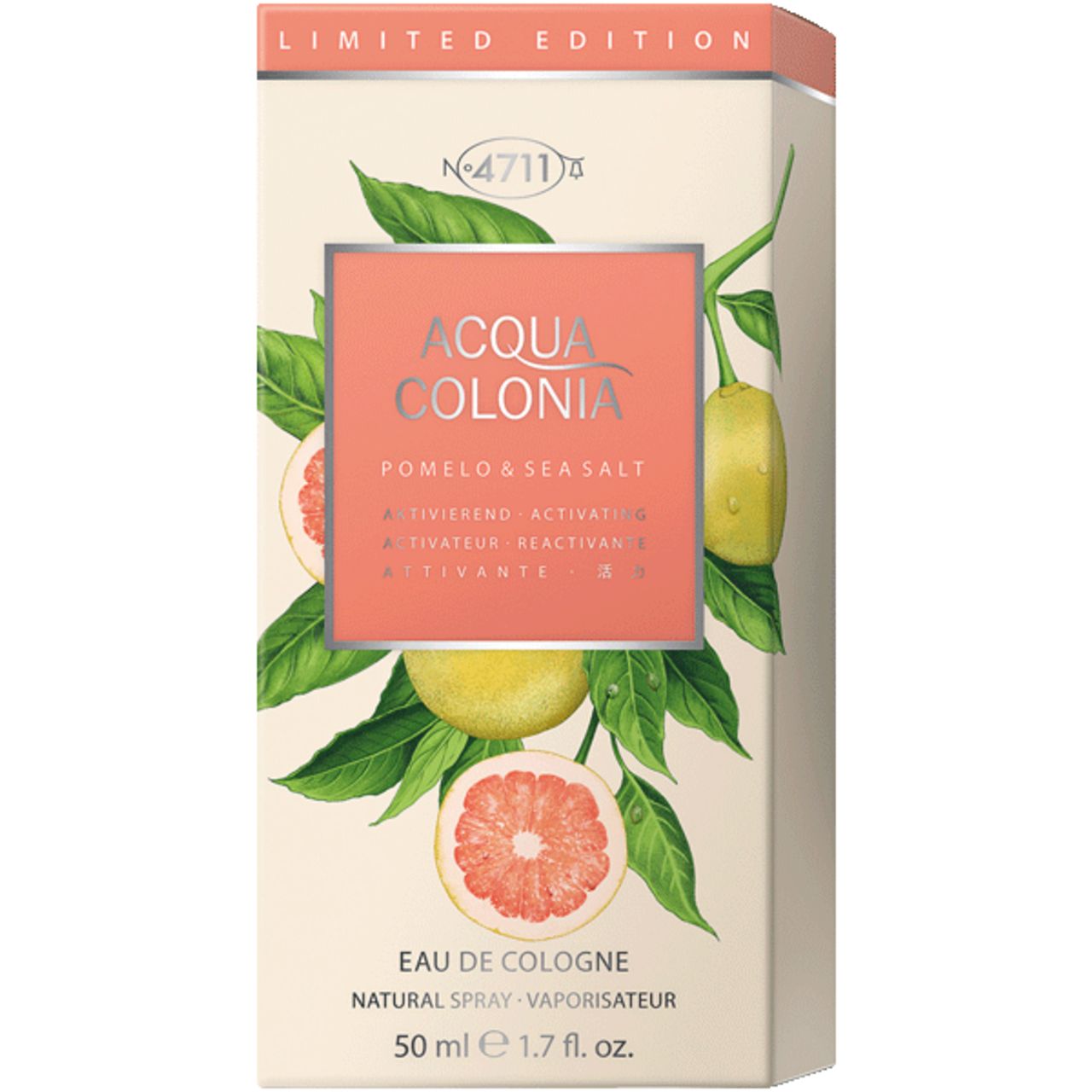 Verpackung mit Illustrationen von Grapefruit und Blättern. Text: Acqua Colonia, Pomelo & Sea Salt. Limited Edition.