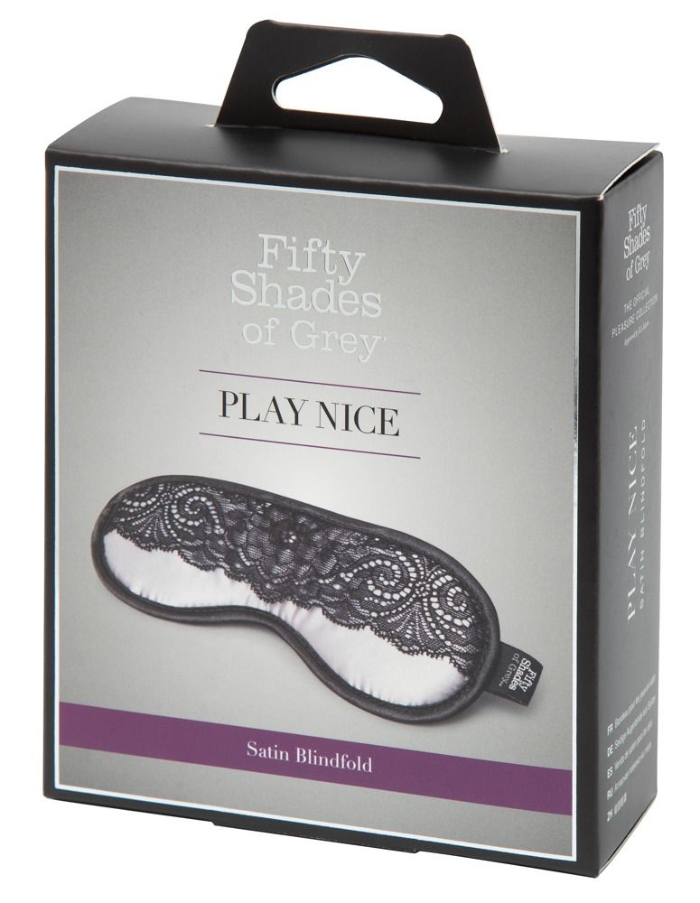 Verpackung für eine Satin-Augenbinde mit Spitzenbesatz, Marke 'Fifty Shades of Grey'.