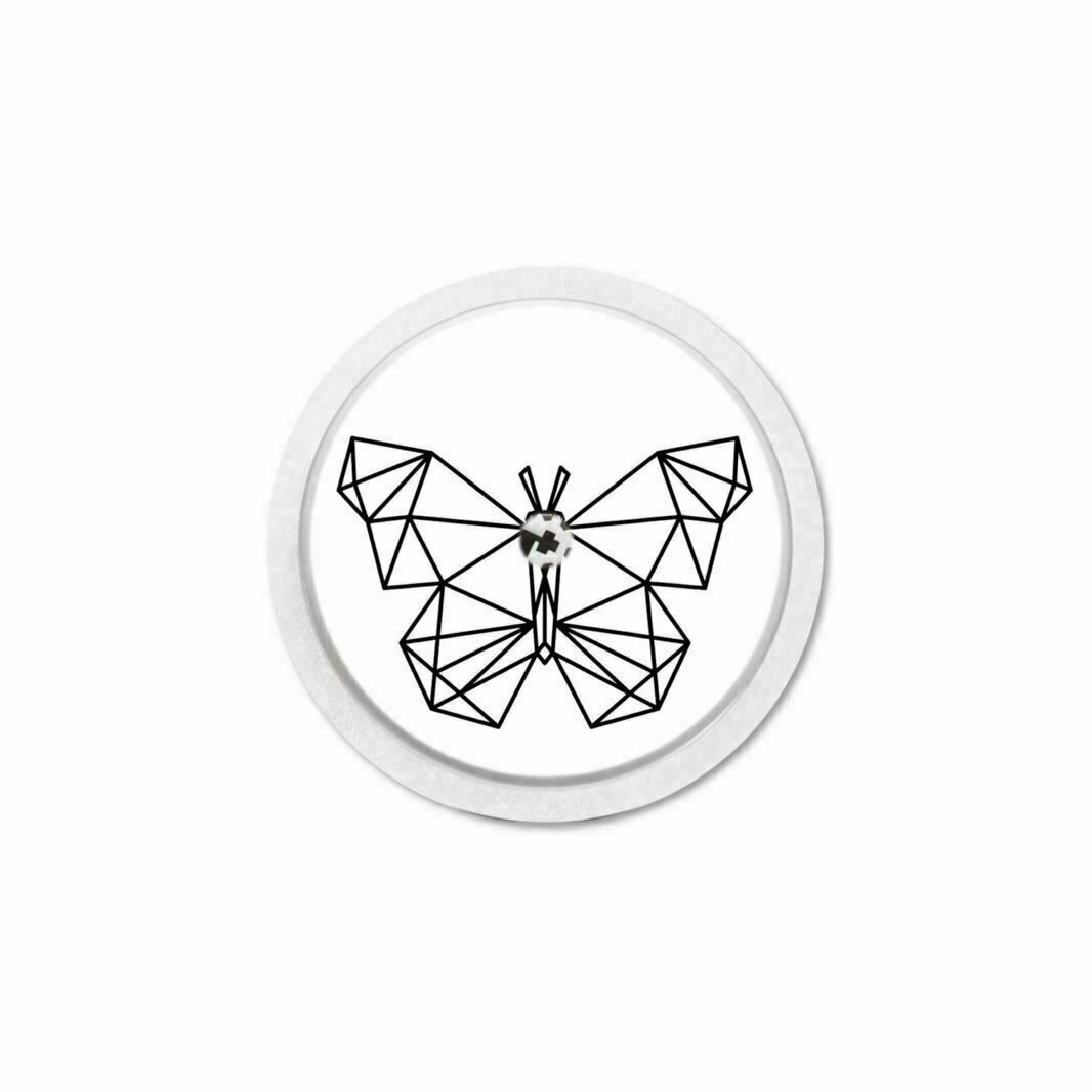 Runder Aufkleber mit einem geometrischen Schmetterlingsdesign. Schwarze Linien auf weißem Hintergrund, umgeben von einem weißen Kreis.