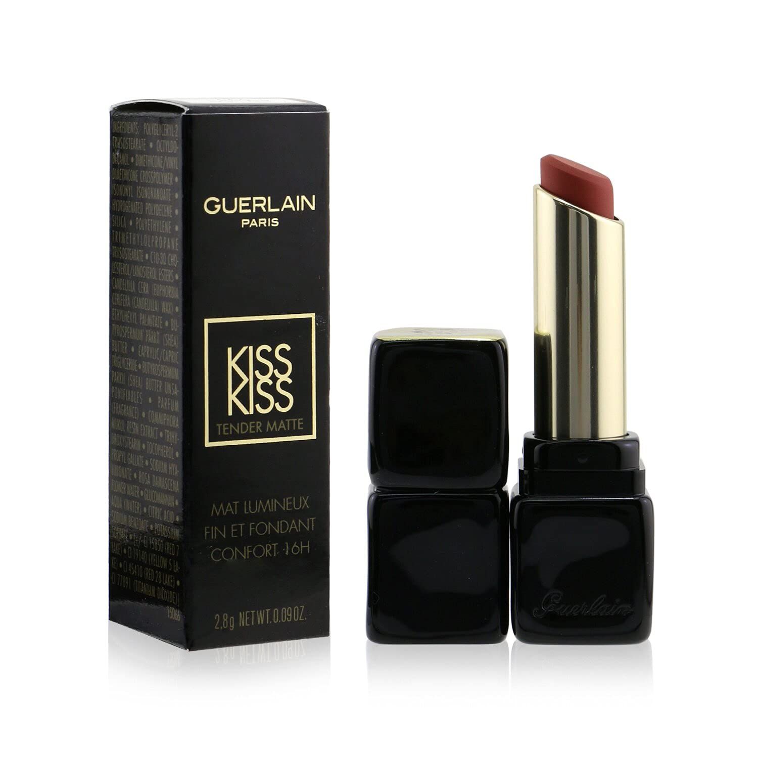 Schwarze Verpackung und geöffneter Lippenstift mit roter Mine und goldfarbener Hülse. Auf der Verpackung steht "Guerlain KissKiss Tender Matte".