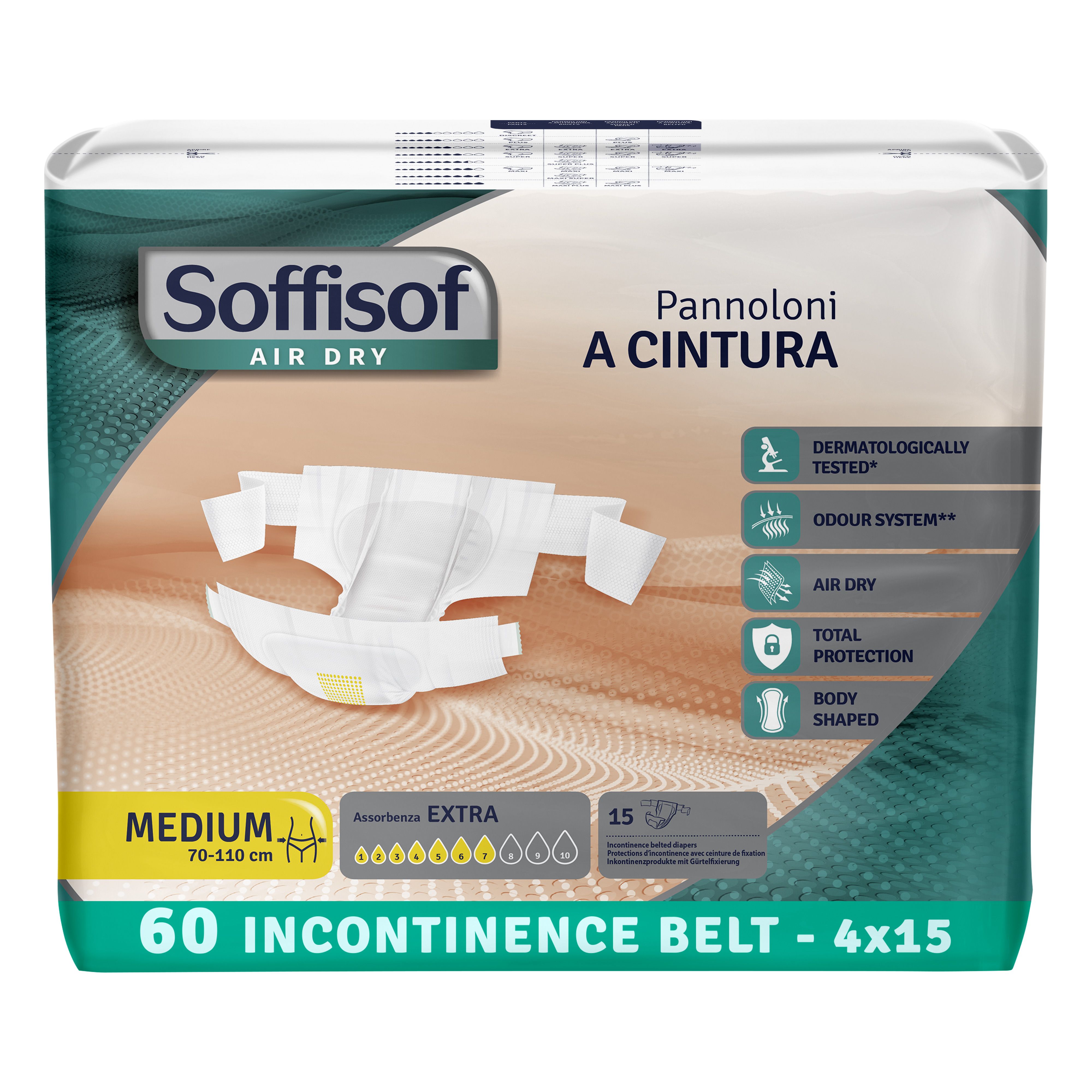 Verpakking Soffisof incontinentiebroekje met heupband Extra. Medium, 70-110 cm. 60 stuks. Productkenmerken.