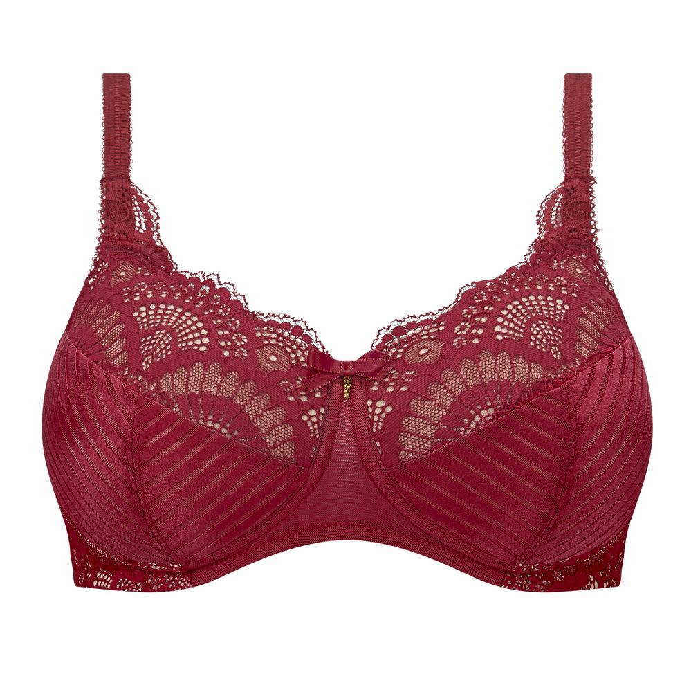Roter BH mit Spitze und Bügeln. Vorderansicht. Goldfarbene Schleife zwischen den Cups.