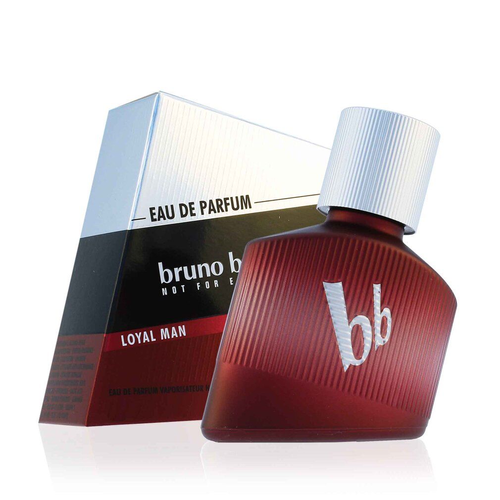 Rotes Parfümflakon und Schachtel. Auf der Schachtel steht "Bruno Banani Loyal Man". Flakon mit weißem Deckel und "bb" Logo.