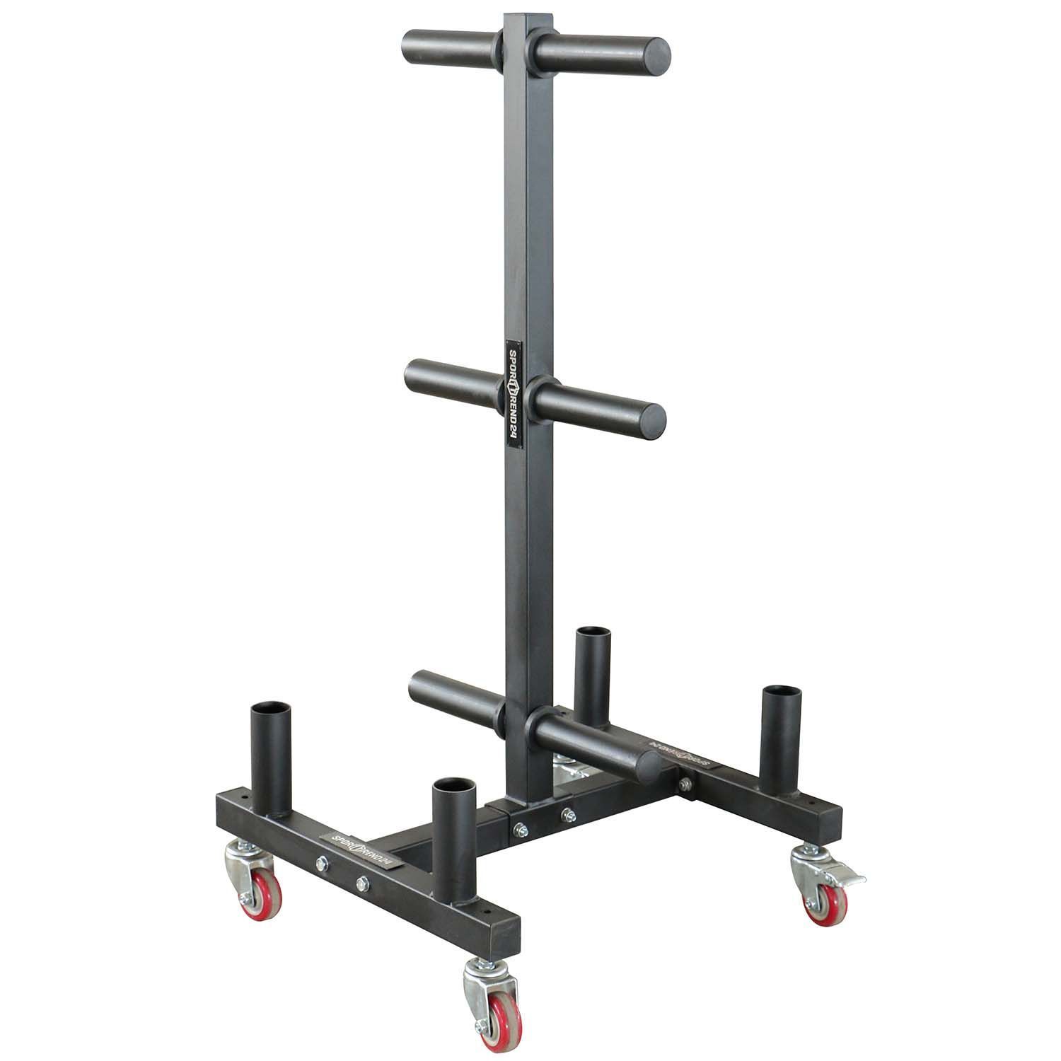 Schwarzer Hantelscheibenständer auf Rollen. Drei horizontale Stangen zur Aufnahme von Gewichten. Rote Rollen.