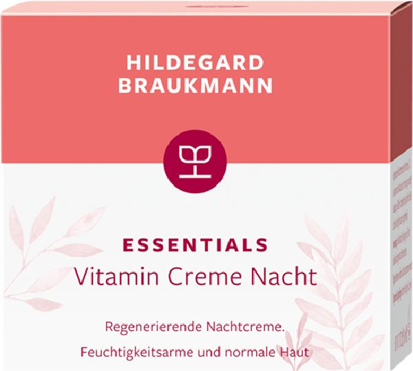 Verpackung von Hildegard Braukmann Essentials Vitamin Creme Nacht. Rosa-weiße Schachtel mit Produktnamen und Logo.