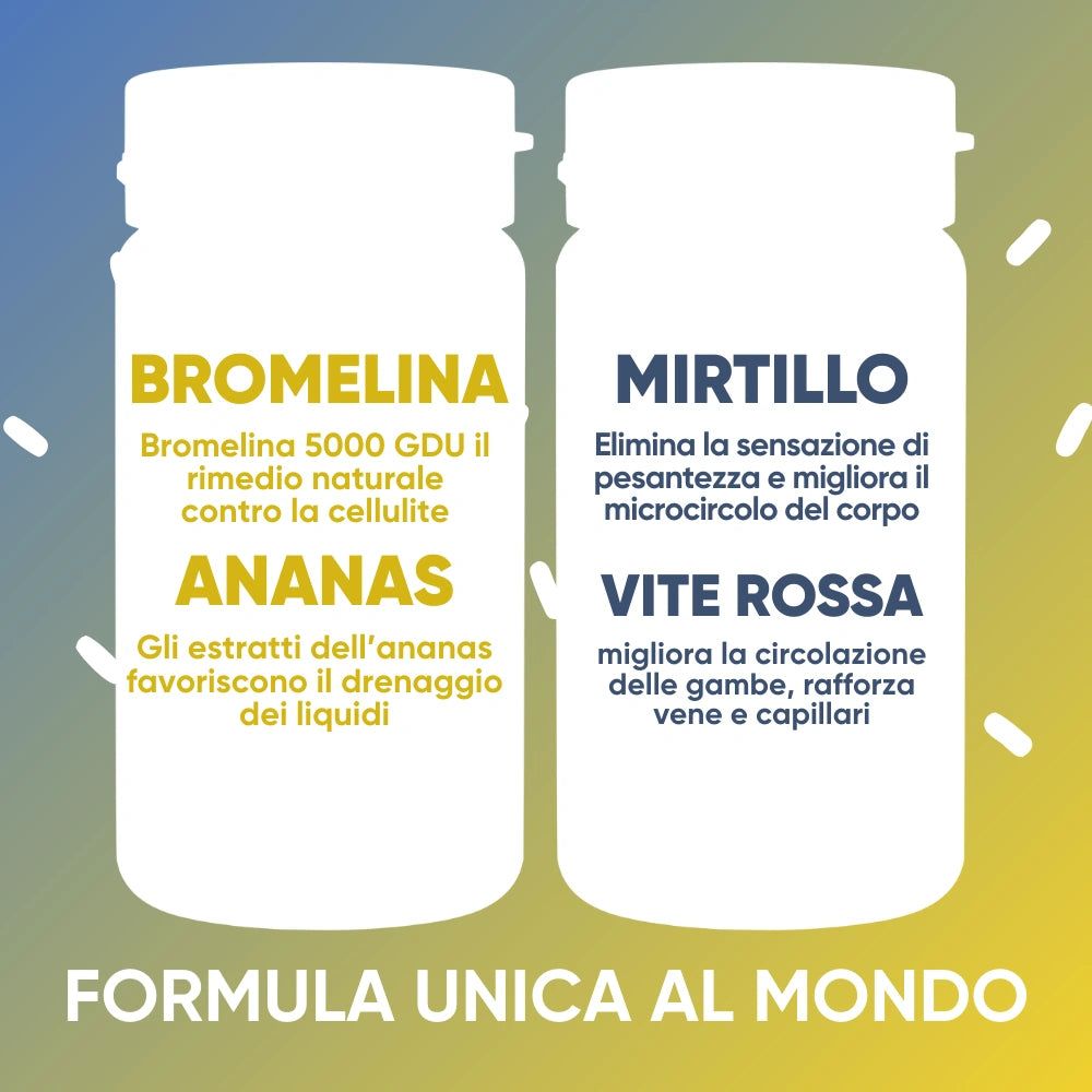 Zwei weiße Behälter mit italienischem Text über Inhaltsstoffe und Vorteile.