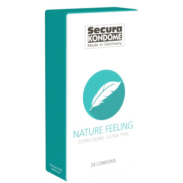 Kartonverpackung mit Kondomen. Marke Secura, Schriftzug Nature Feeling, Feder-Symbol, 24 Kondome. Extra dünn.