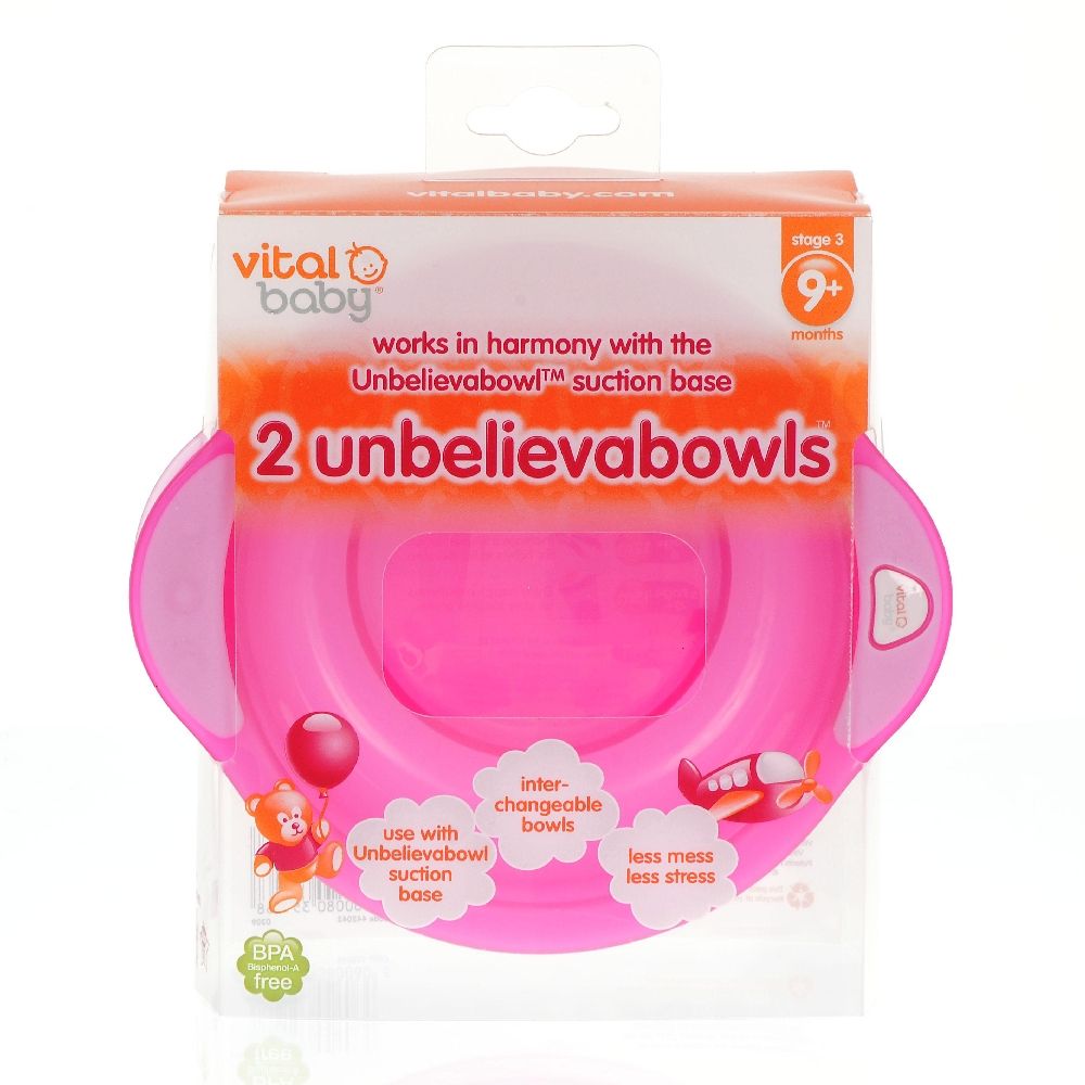 Verpackung mit zwei rosa Ersatzschüsseln. Vital Baby Logo und Produktname sichtbar.