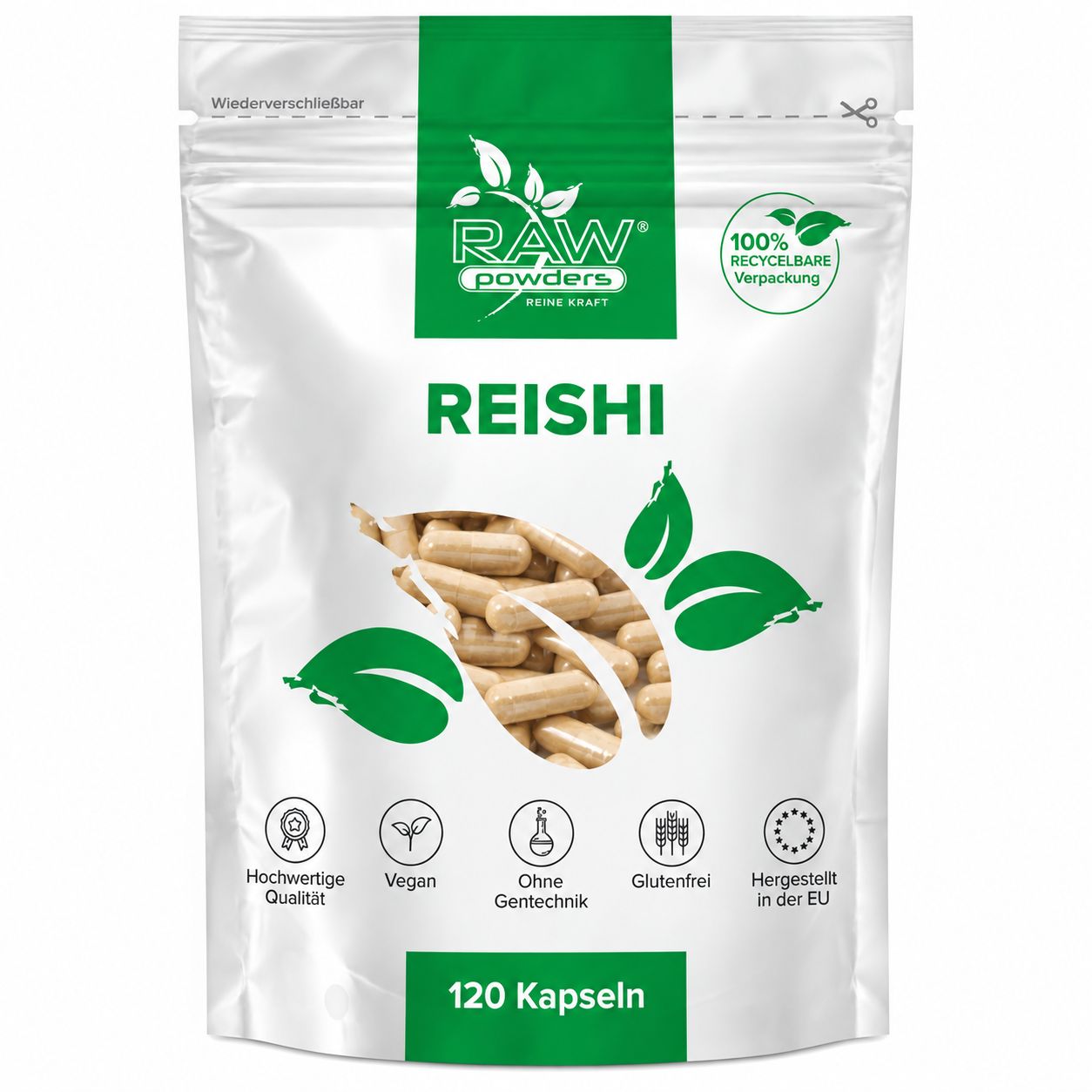 Verpackung mit 120 Kapseln Reishi Extrakt 5:1.
