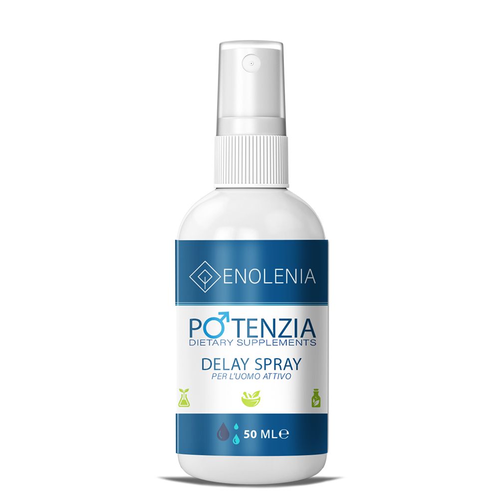 Flacone spray bianco con etichetta blu. Scritta: Enolenia, Potenzia Delay Spray, 50 ml.