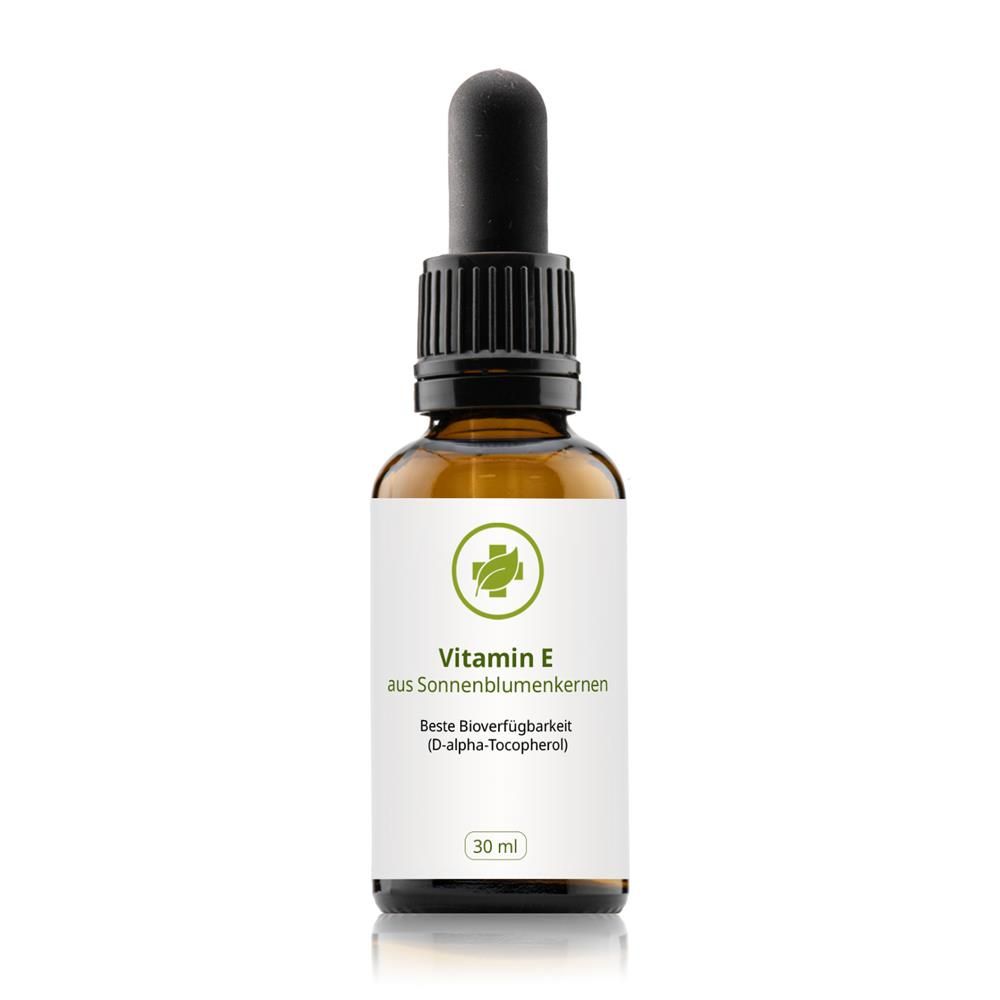 Braune Glasflasche mit Pipette. Auf dem Etikett steht "Vitamin E aus Sonnenblumenkernen".