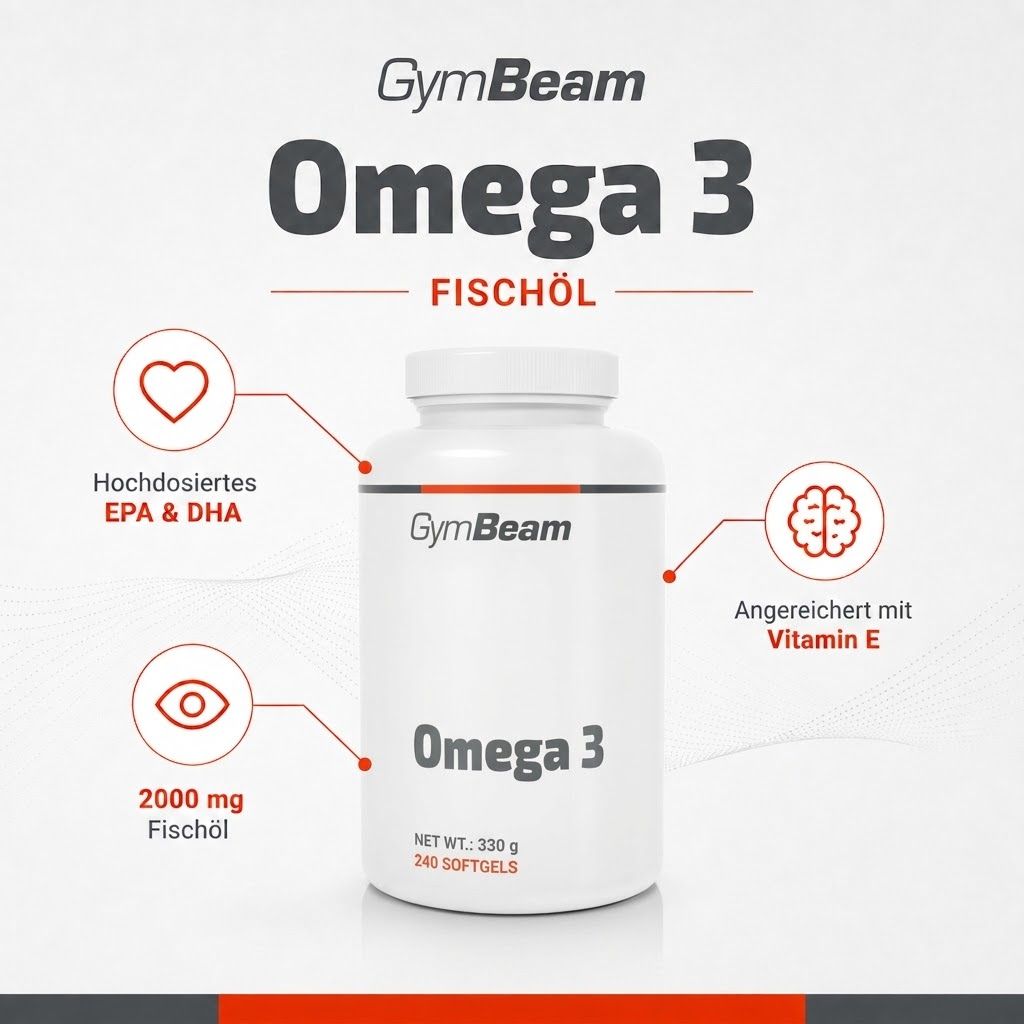 GymBeam Omega 3 Fischöl: 240 Softgels, 2000 mg Fischöl pro Portion, angereichert mit Vitamin E.