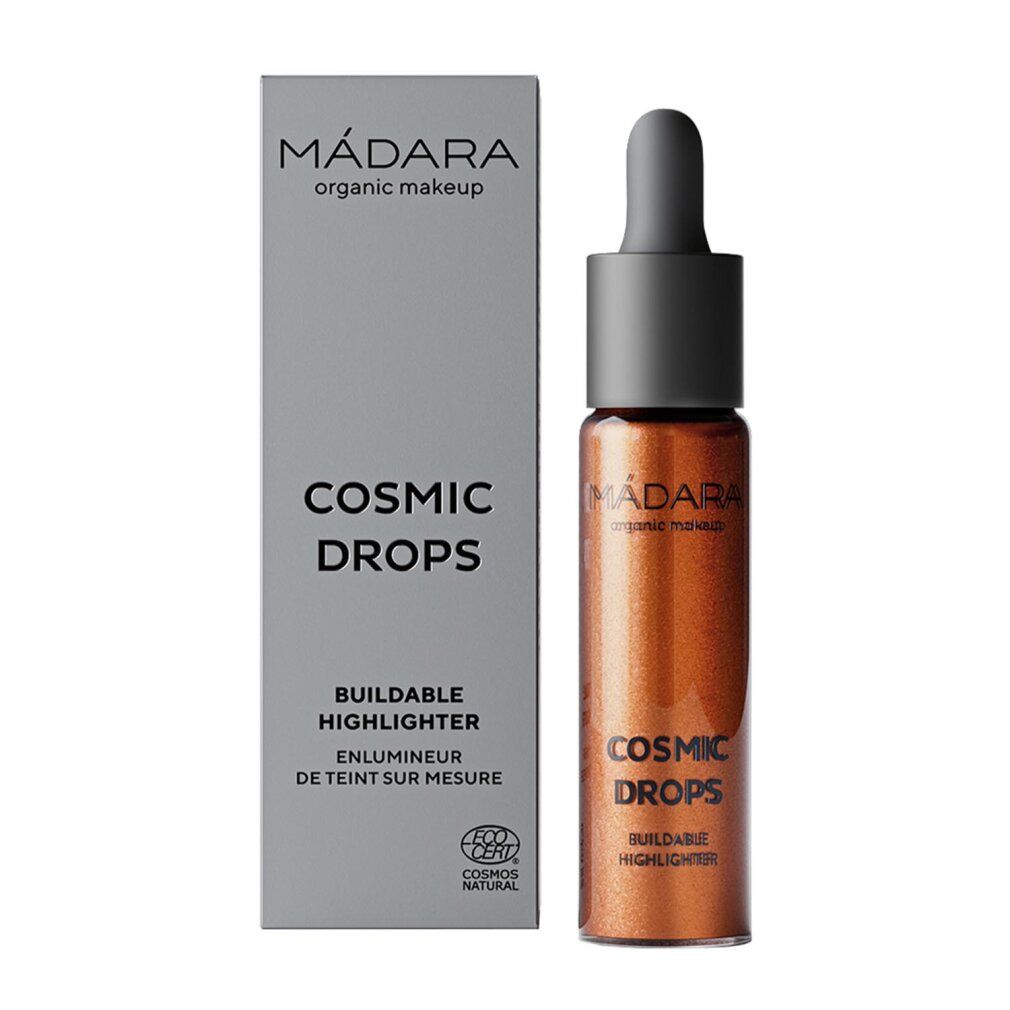 Kosmetisches Produkt mit Verpackung. Flasche mit brauner Flüssigkeit und Pipette. Text: MÁDARA, Cosmic Drops, Buildable Highlighter.