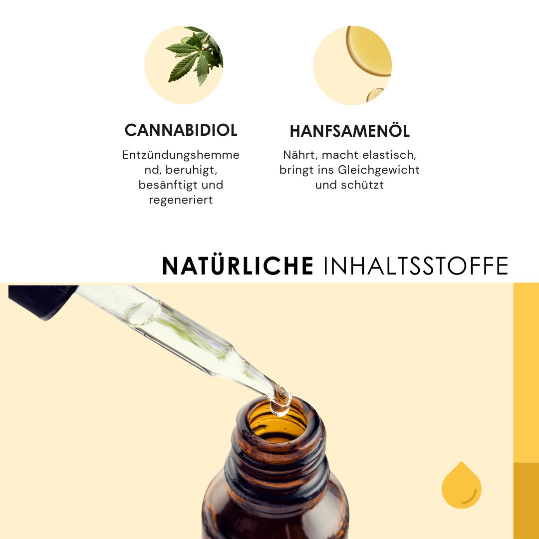 Nahaufnahme einer Flasche mit Tropfer. Text: Cannabidiol, Hanfsamenöl. Natürliche Inhaltsstoffe.