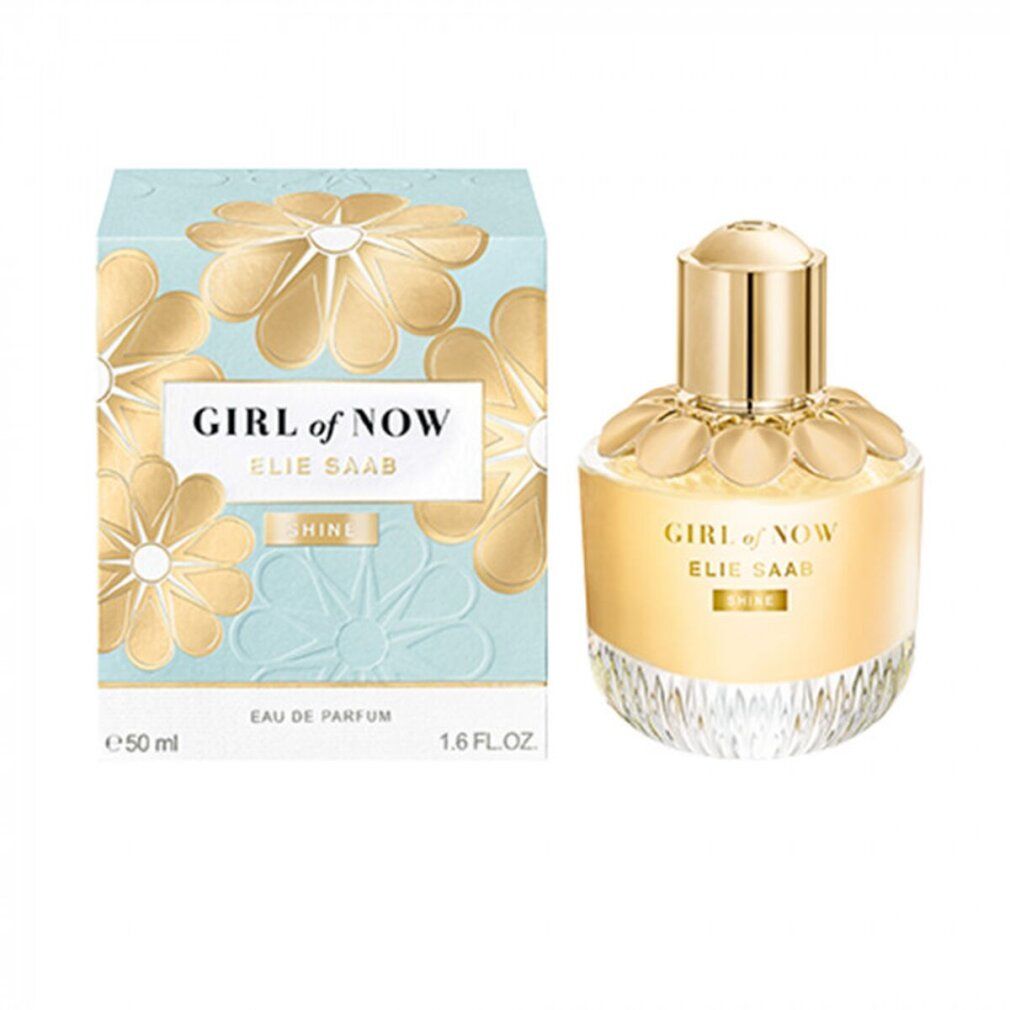 Elie Saab Girl of Now Shine Eau de Parfum Flakon neben der passenden Geschenkbox mit Blumenmuster.